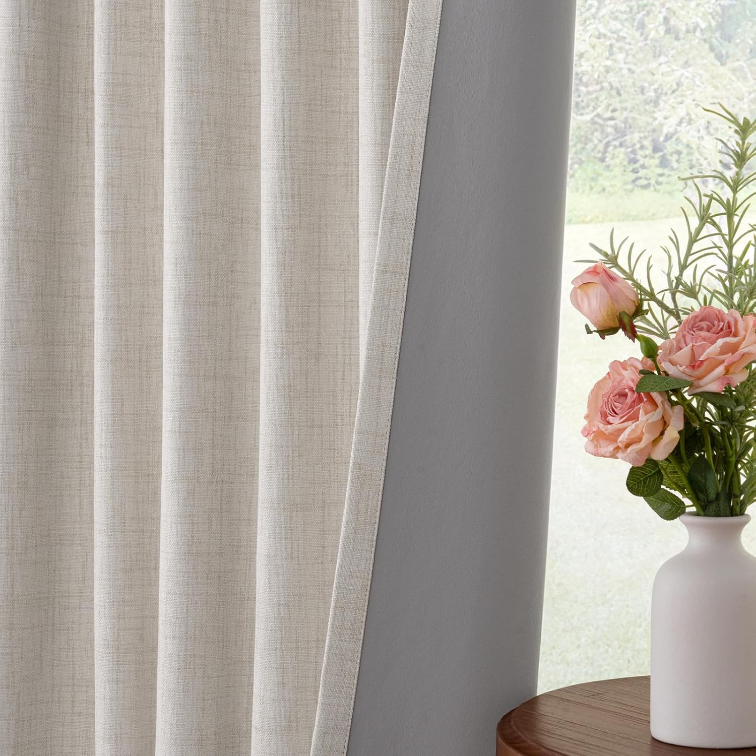 INOVADAY 100% Blackout Curtains for Bedroom, Black Out Curtains 84 Inch Long, Clip Rings Linen Blackout Drapes, Thermal Insulated Room Darkening for Living Room, 2 Panels - Beige,W50xL84