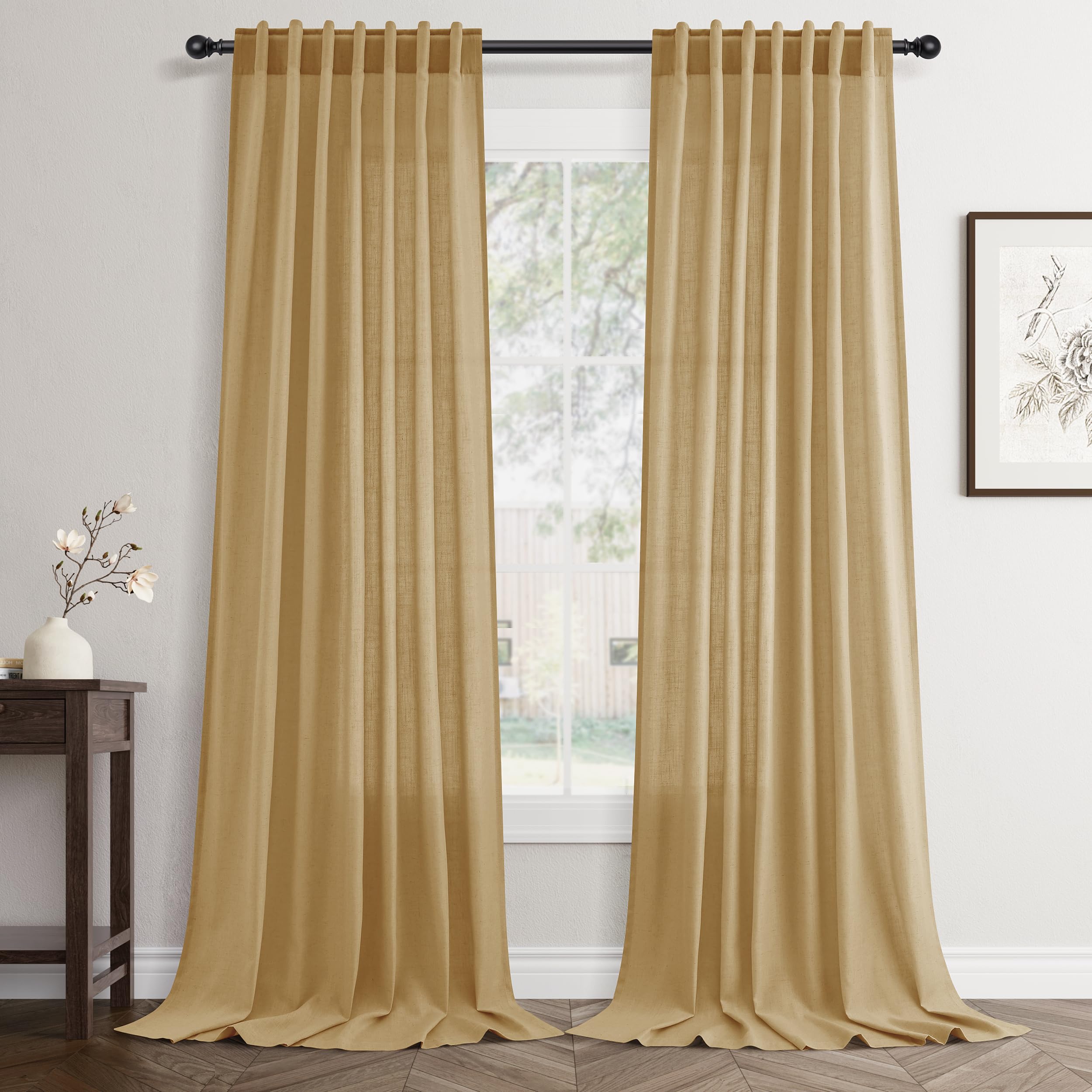 Flax Linen Beige Curtains 96 inches Long 2 Panel for Living Room Back Tab Pocket Drapes Semi Sheer Privacy Khaki Window Curtain Country Rustic Farmhouse Cloth Curtain for Dinning Room Tan