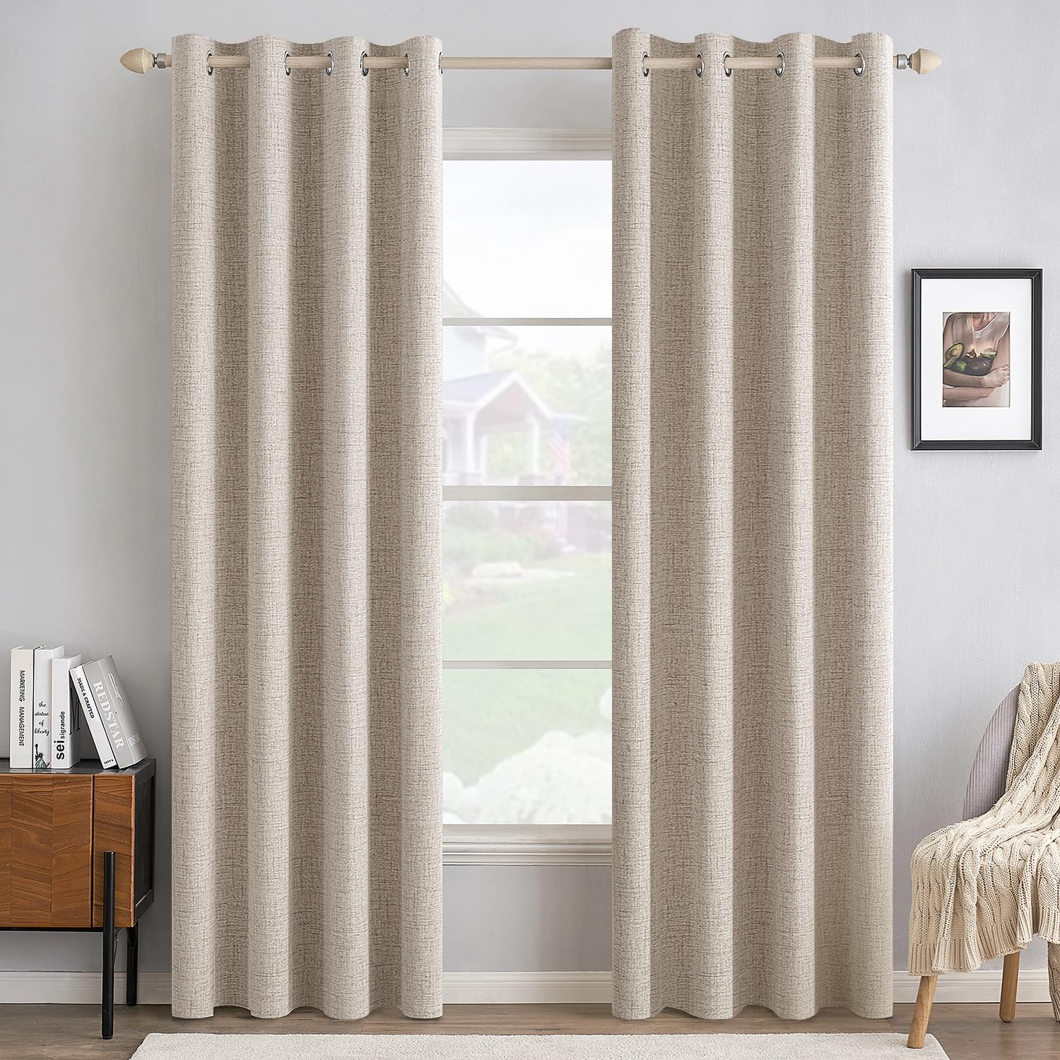 MIULEE Linen Texture Curtains for Bedroom Solid 100% Blackout Thermal Insulated Dusty Blue Curtains Grommet Room Darkening Drapes Luxury Decor for Living Room Nursery 52x84 Inch (2 Panels)