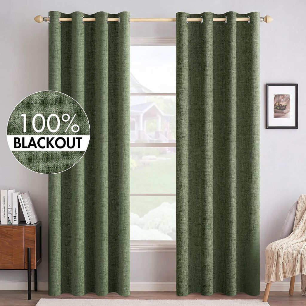 MIULEE Linen Texture Curtains for Bedroom Solid 100% Blackout Thermal Insulated Dusty Blue Curtains Grommet Room Darkening Drapes Luxury Decor for Living Room Nursery 52x84 Inch (2 Panels)
