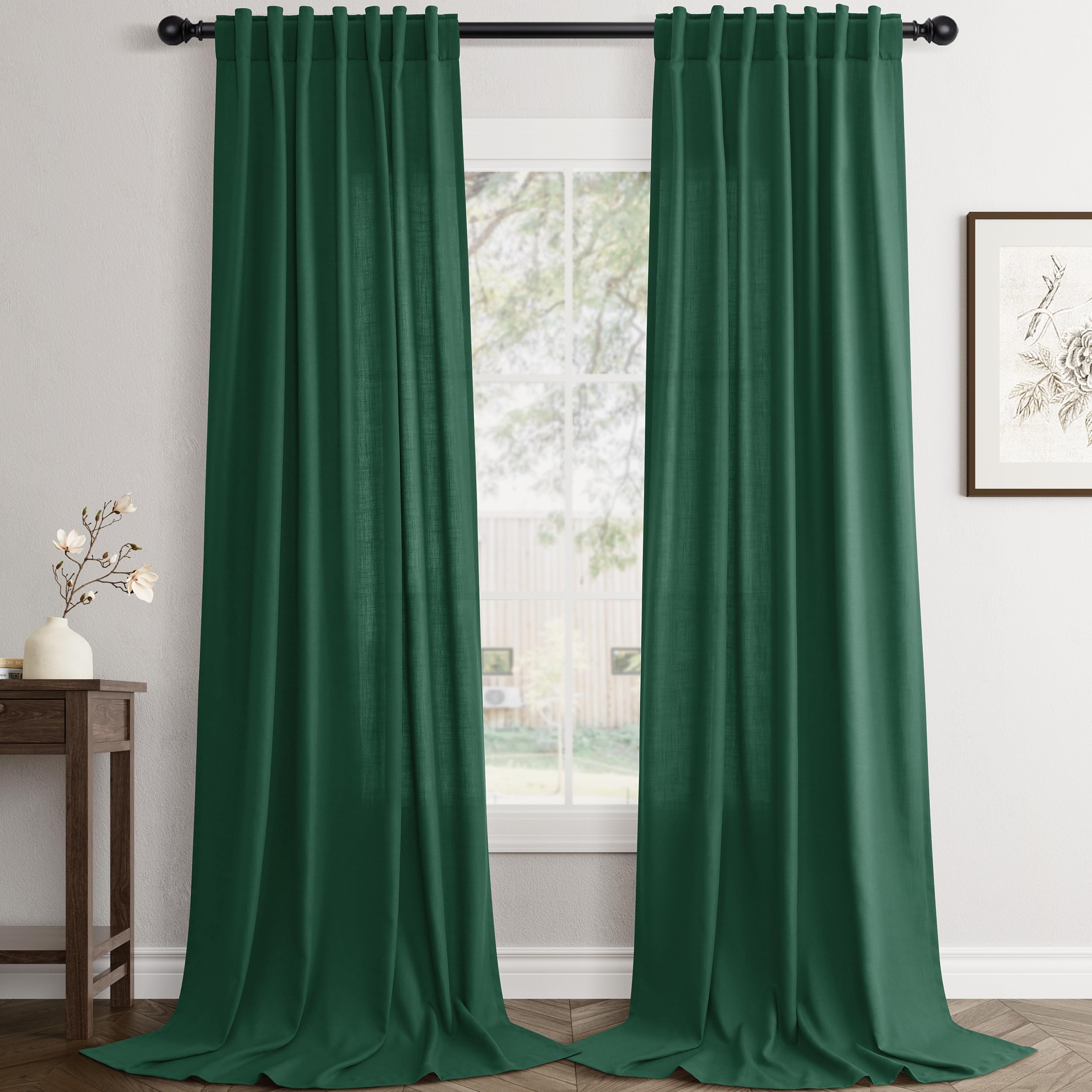 Flax Linen Beige Curtains 96 inches Long 2 Panel for Living Room Back Tab Pocket Drapes Semi Sheer Privacy Khaki Window Curtain Country Rustic Farmhouse Cloth Curtain for Dinning Room Tan