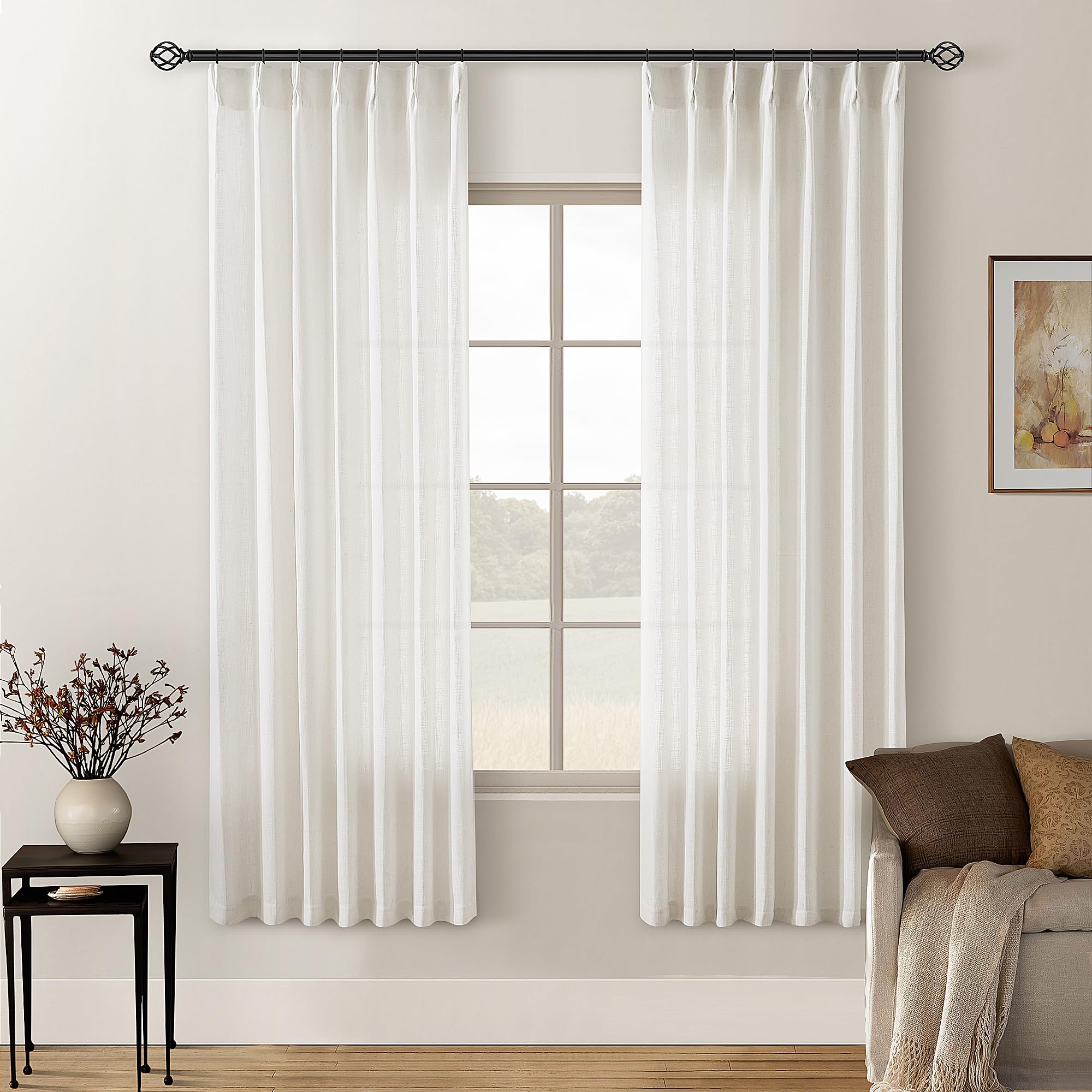 Pinch Pleated Linen Curtains 108 Inches Long for Living Room 2 Panels Set Cream Ivory Flax Double Pleated Drapes Back Tab Neutral Boho Ceiling Floor 108 Inch Window Curtains Bedroom Natural Birch