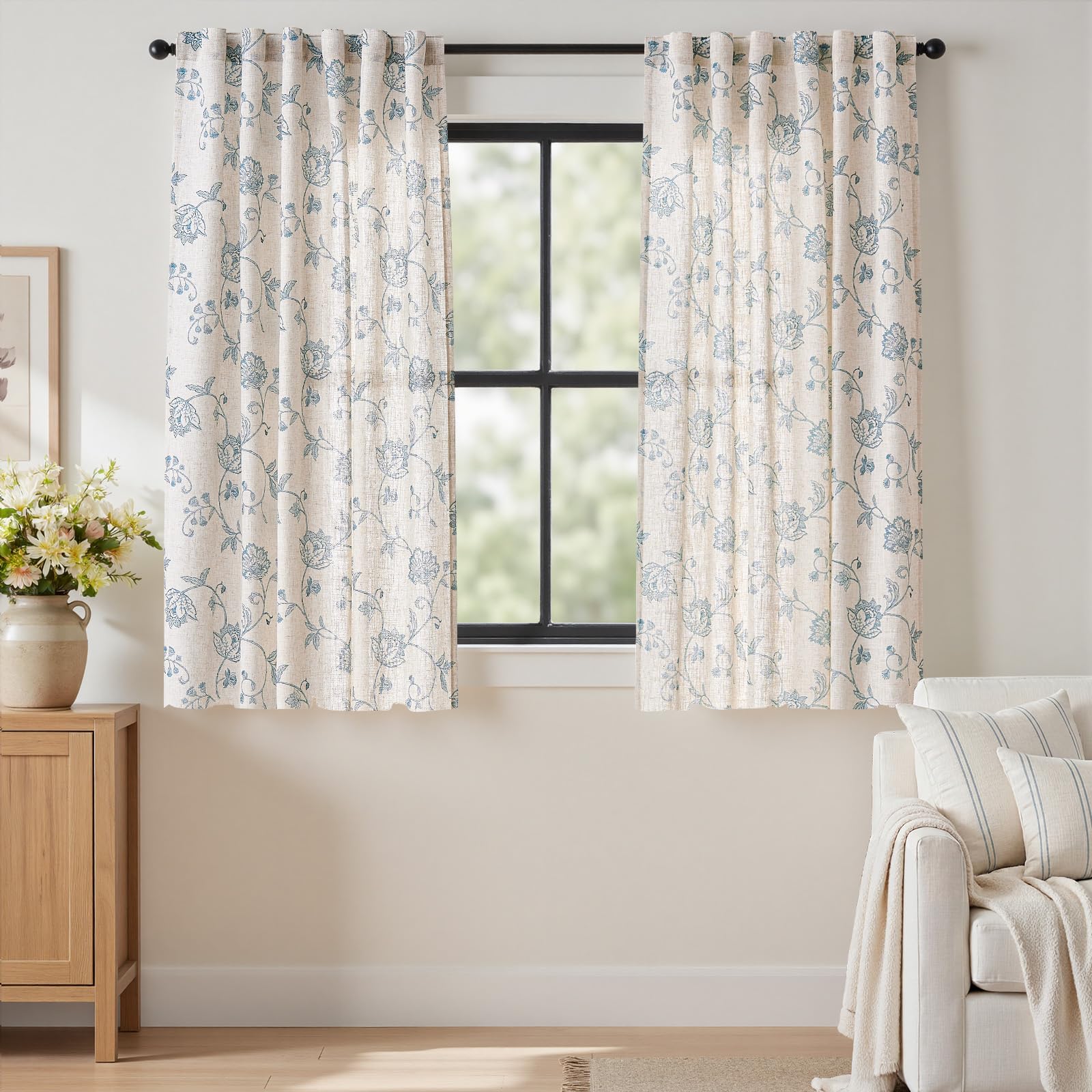 jinchan Linen Floral Curtains for Living Room with Printed Flower 84 Inches Long Light Filtering French Country Back Tab Rod Pocket Taupe Window Curtain Set Farmhouse Drapes 2 Panels Taupe