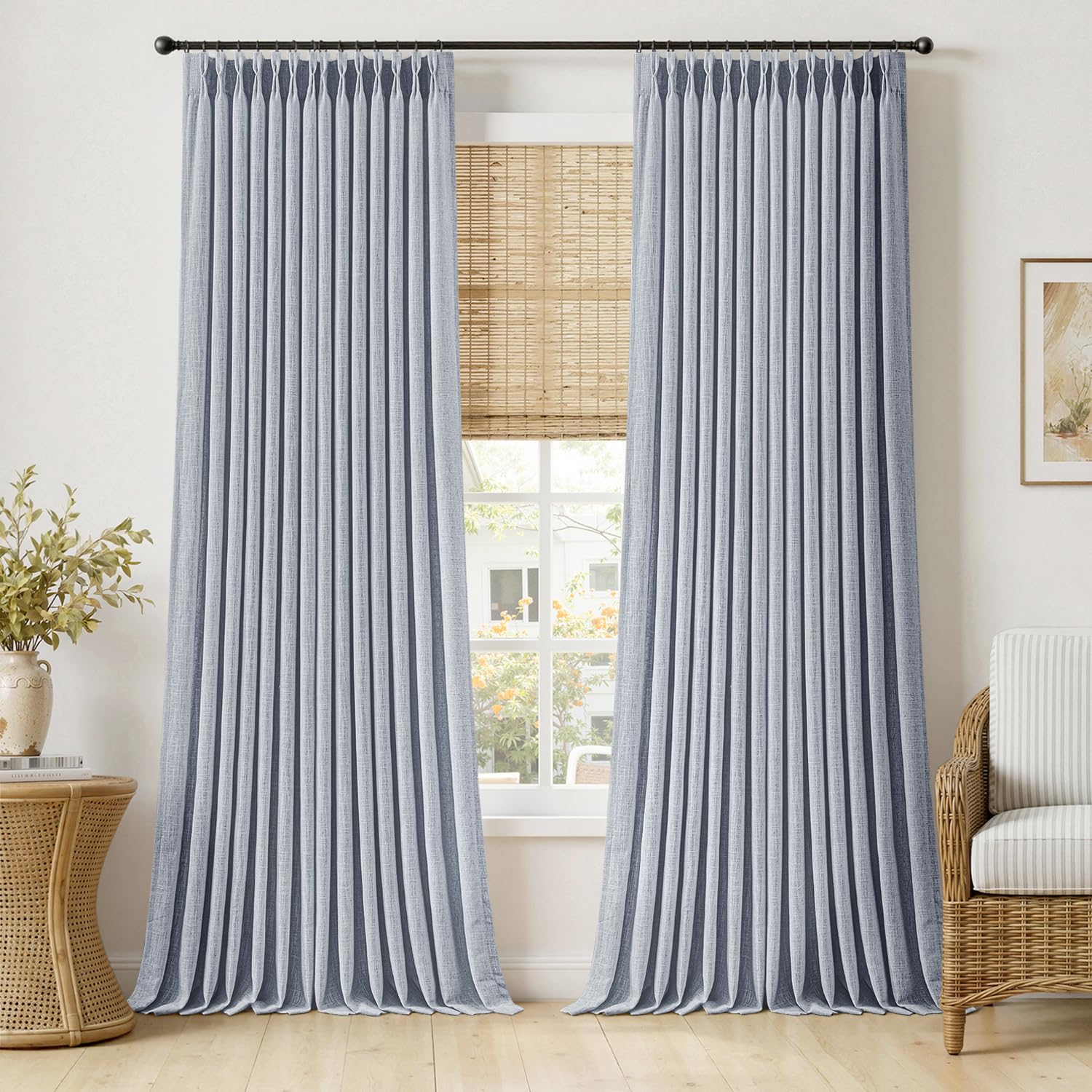 MIULEE Pinch Pleated Thick Linen Curtains 96 Inches Long 2 Panels for Living Room Bedroom, Memory Trained Pleat Drapes Light Filtering Natural Birch Semi Sheer Window Curtains Hooks Rings Back Tab