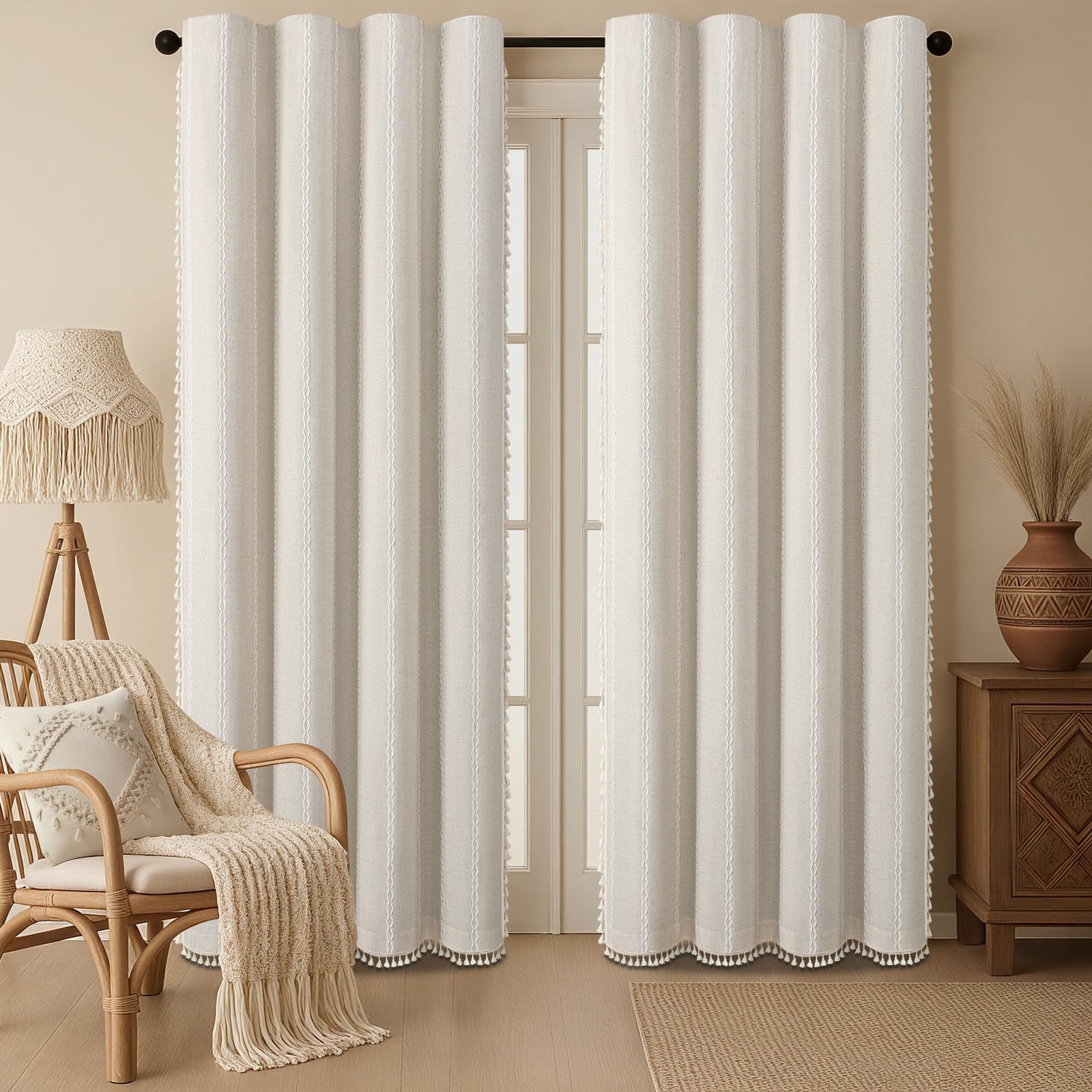 Boho Blackout Curtains 2 Panels 84 Inch for Living Room Bedroom, Beige Linen Texture Farmhouse Curtains with Tassels and Cotton Embroidery Vintage Rustic Western Rod Pocket