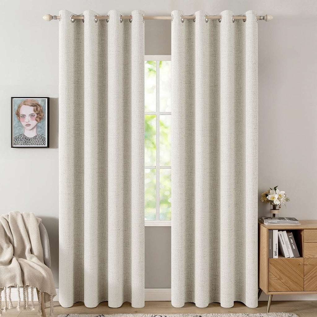 MIULEE 100% Blackout Linen Textured Curtains for Bedroom Solid Thermal Insulated Natural Beige Grommet Room Darkening Curtains & Drapes Luxury Decor for Living Room Nursery 52 x 96 Inch (2 Panels)