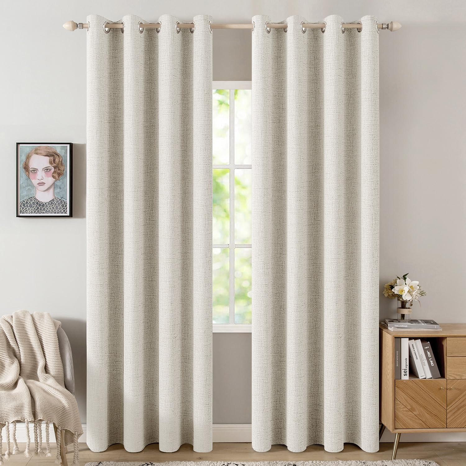 MIULEE 100% Blackout Linen Textured Curtains for Bedroom Solid Thermal Insulated Natural Beige Grommet Room Darkening Curtains & Drapes Luxury Decor for Living Room Nursery 52 x 96 Inch (2 Panels)