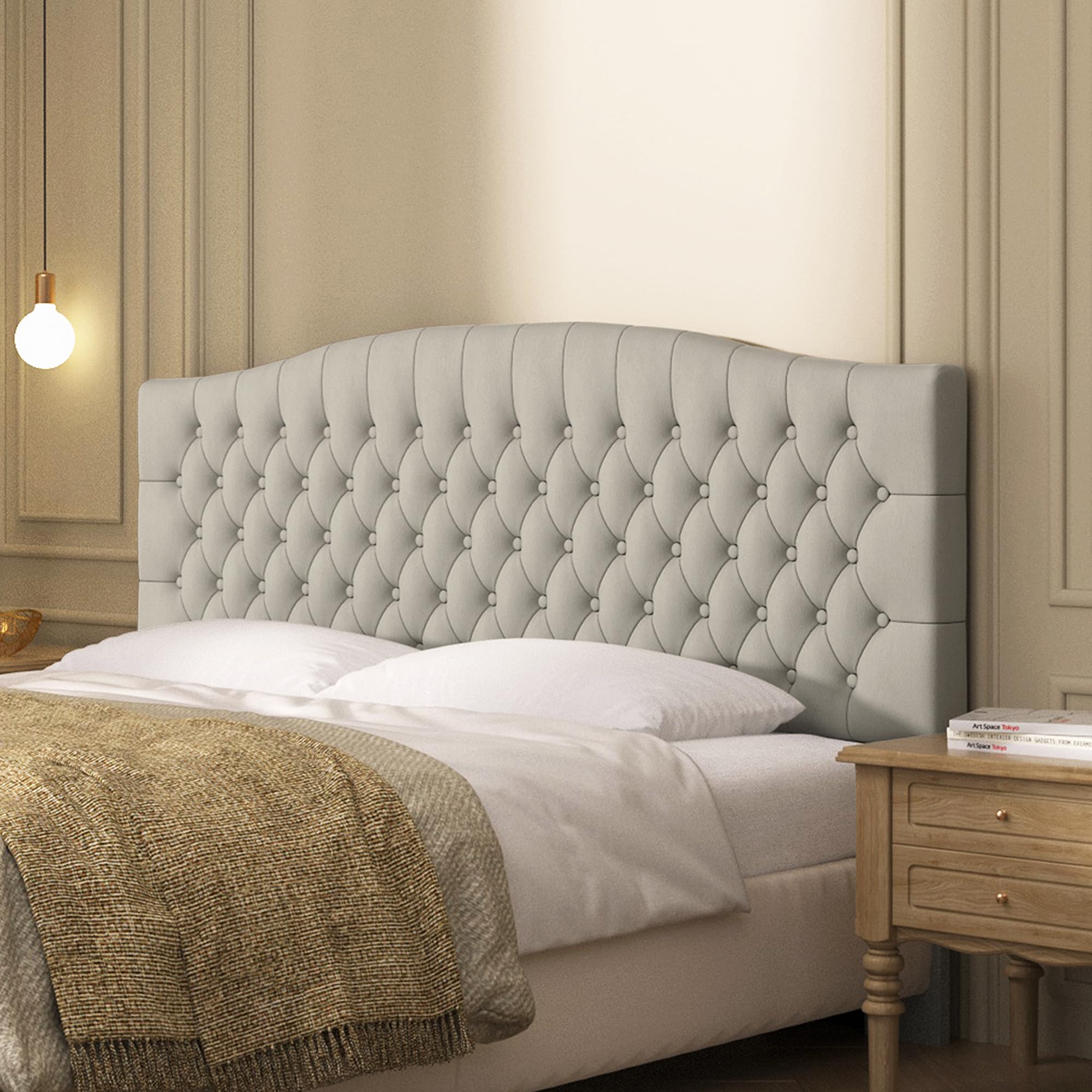 Furpopup Linen Upholstered Headboard Queen/Full Size Bed Tufted Button Headboard, Featuring High-Density Sponge Padding, Luxury Texture Easy Assembly Comfort and Style-Ivory