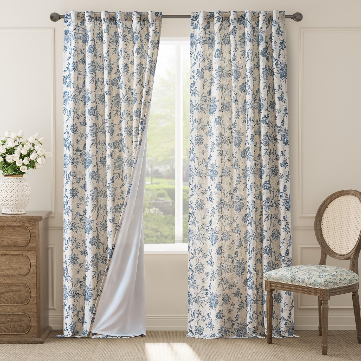 jinchan Linen Floral Curtains for Living Room with Printed Flower 84 Inches Long Light Filtering French Country Back Tab Rod Pocket Taupe Window Curtain Set Farmhouse Drapes 2 Panels Taupe
