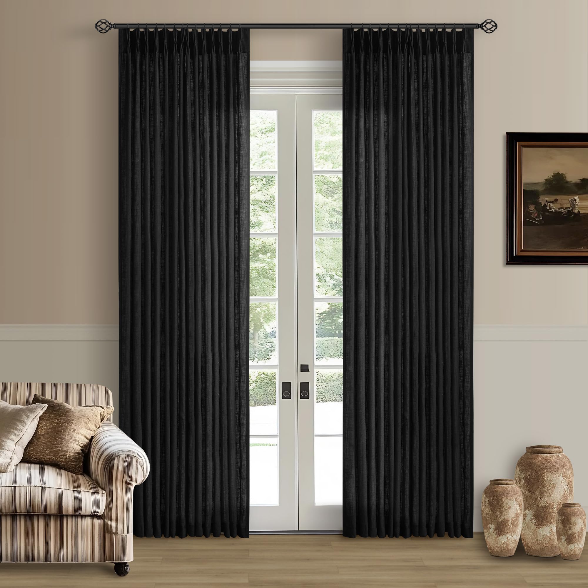 Pinch Pleated Linen Curtains 108 Inches Long for Living Room 2 Panels Set Cream Ivory Flax Double Pleated Drapes Back Tab Neutral Boho Ceiling Floor 108 Inch Window Curtains Bedroom Natural Birch