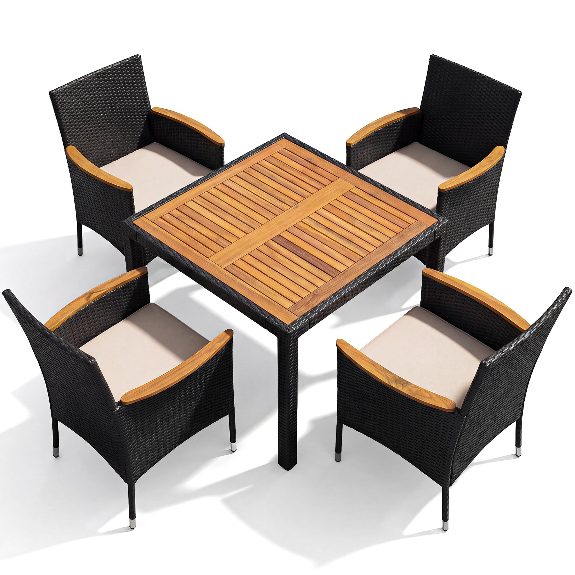 Devoko Dining 7 PCS Furniture, Patio Conversation Set with Acacia Wood Table Top, Outdoor, Beige Cushion and Black Rattan