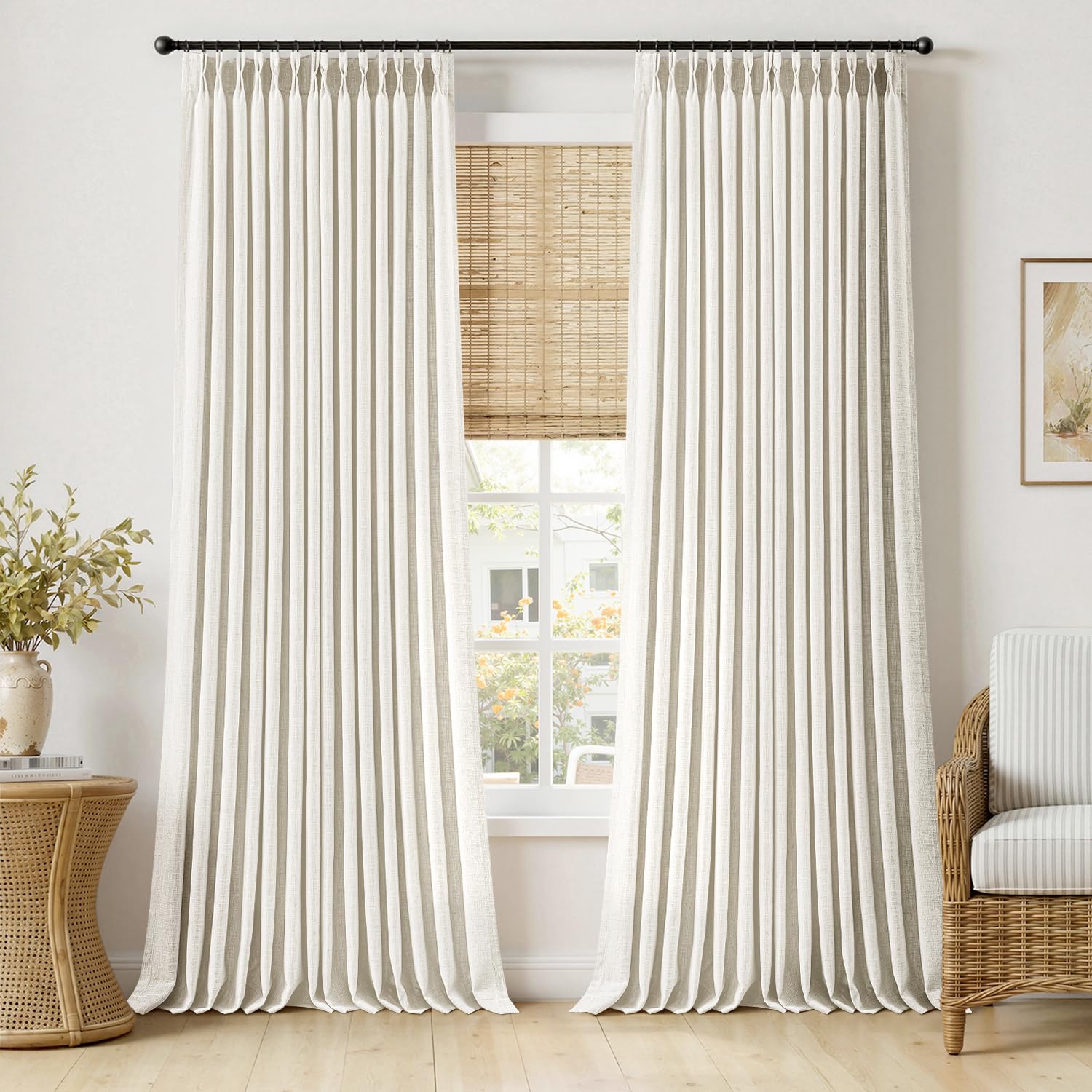MIULEE Pinch Pleated Thick Linen Curtains 96 Inches Long 2 Panels for Living Room Bedroom, Memory Trained Pleat Drapes Light Filtering Natural Birch Semi Sheer Window Curtains Hooks Rings Back Tab
