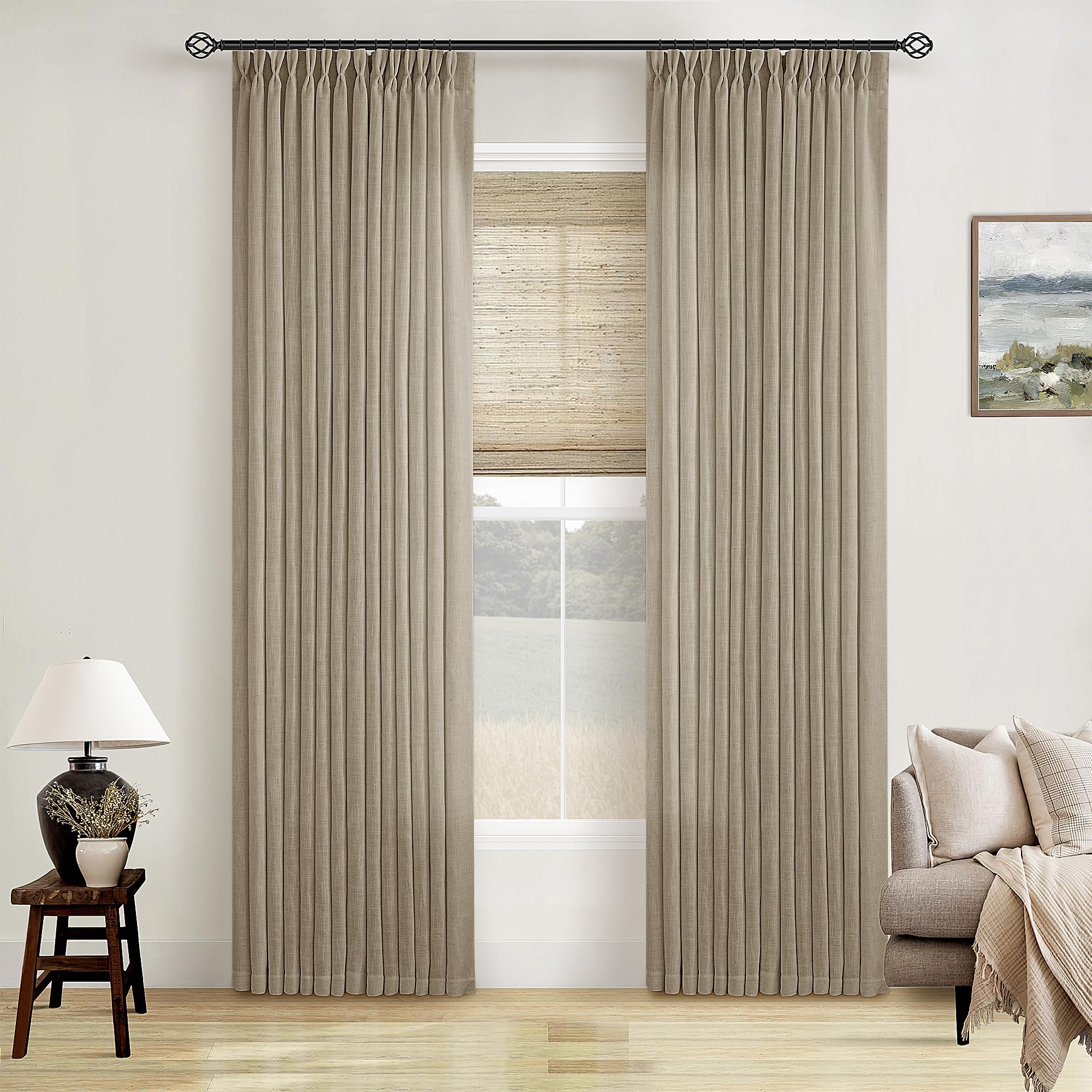 Pinch Pleated Linen Curtains 108 Inches Long for Living Room 2 Panels Set Cream Ivory Flax Double Pleated Drapes Back Tab Neutral Boho Ceiling Floor 108 Inch Window Curtains Bedroom Natural Birch