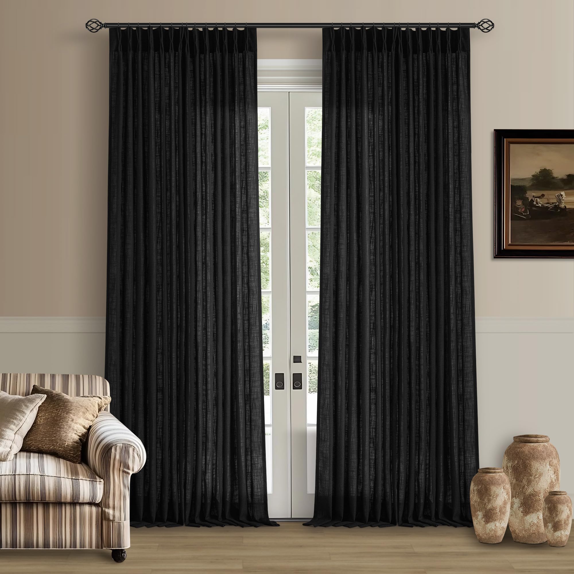 Pinch Pleated Linen Curtains 108 Inches Long for Living Room 2 Panels Set Cream Ivory Flax Double Pleated Drapes Back Tab Neutral Boho Ceiling Floor 108 Inch Window Curtains Bedroom Natural Birch