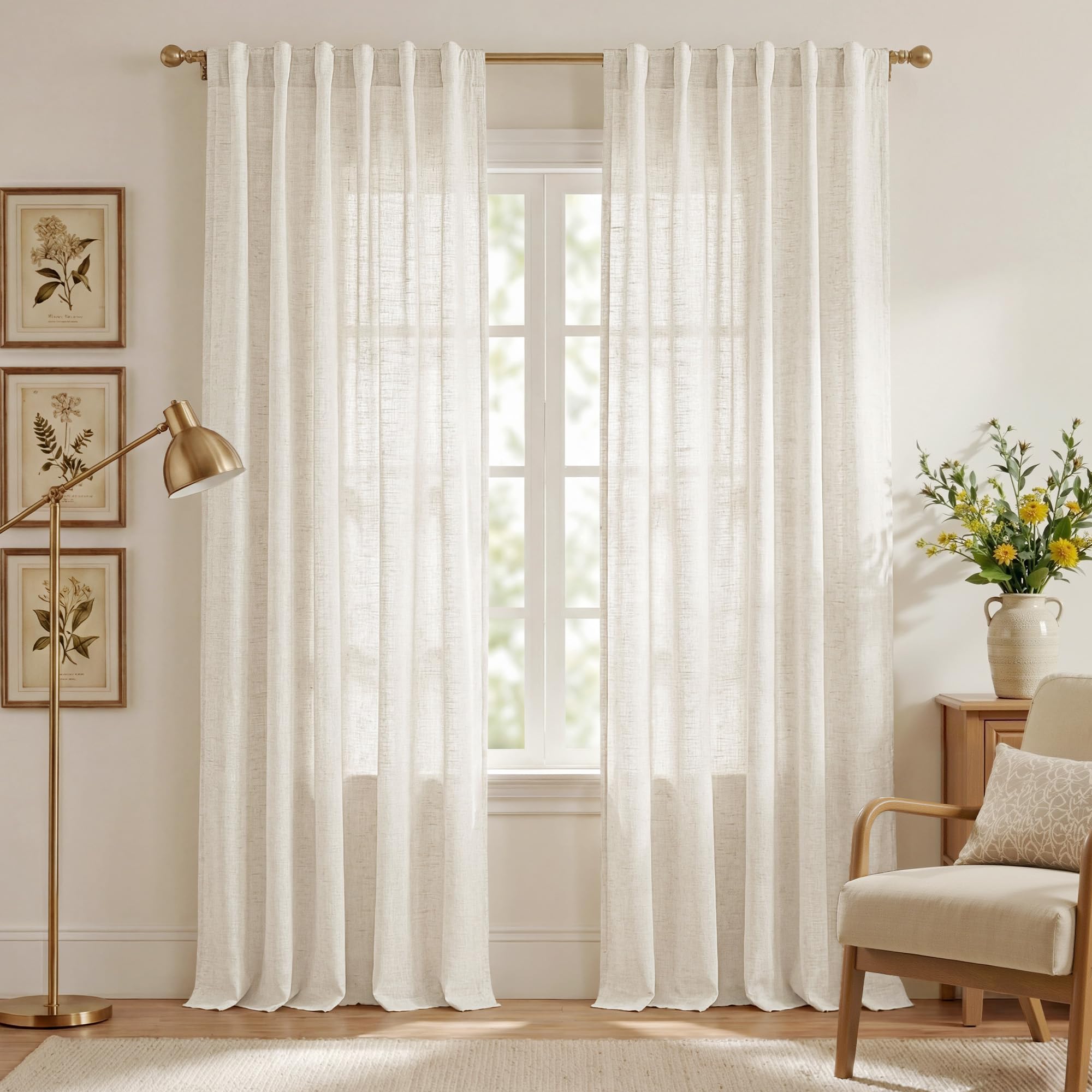 NICETOWN 120 inch Curtains Linen Blend for Bedroom, Rod Pocket & Back Tab Natural Linen Burlap Semi Sheer Window Treatments Privacy with Light Filtering for Living Room, W52 x L120, 2 Panels