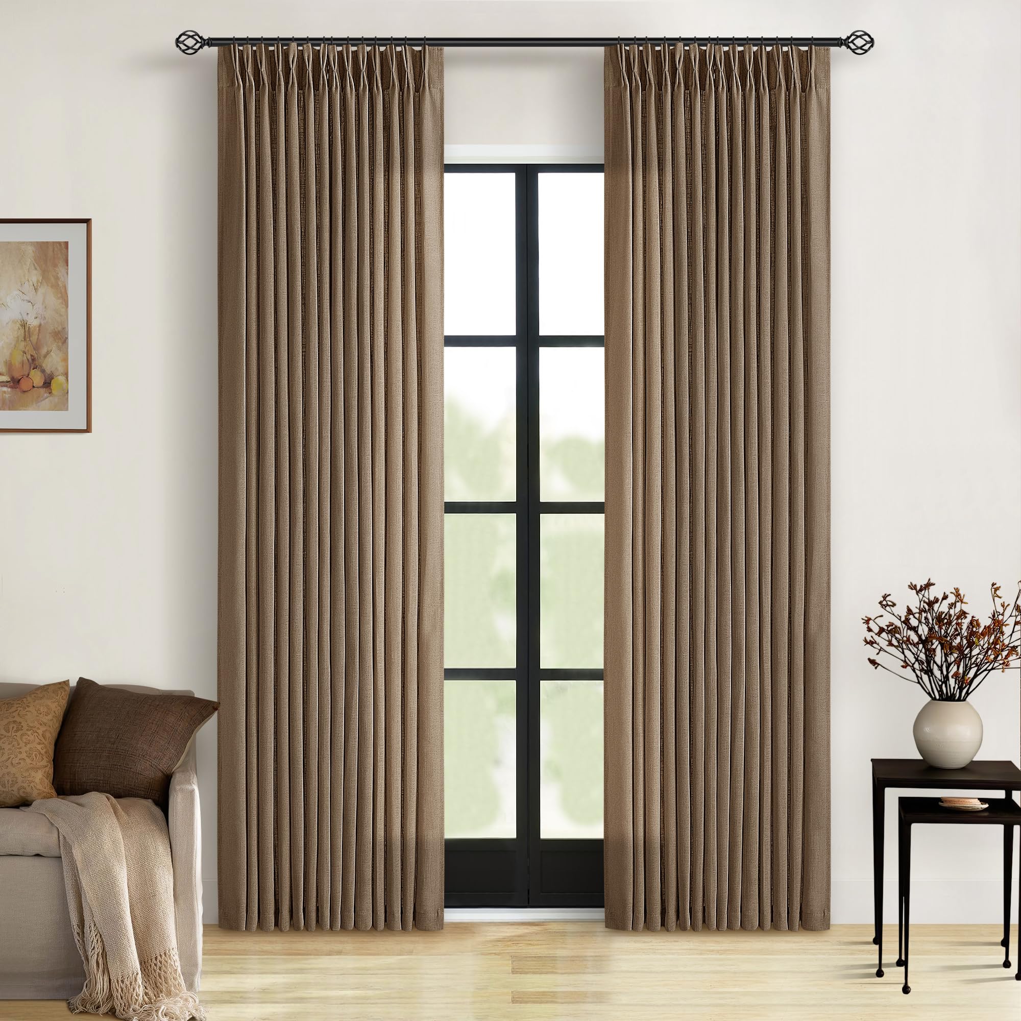 Pinch Pleated Linen Curtains 108 Inches Long for Living Room 2 Panels Set Cream Ivory Flax Double Pleated Drapes Back Tab Neutral Boho Ceiling Floor 108 Inch Window Curtains Bedroom Natural Birch