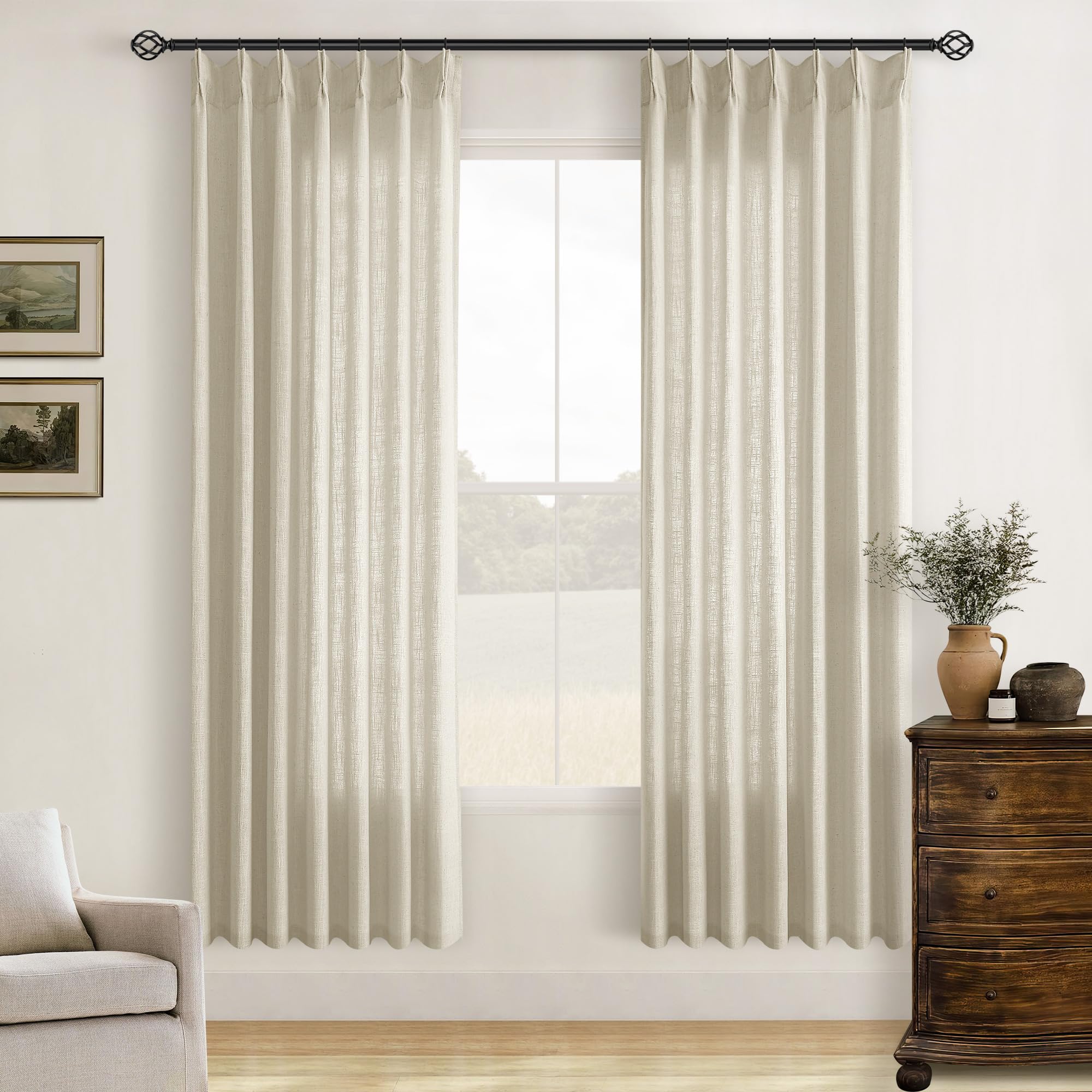 Pinch Pleated Linen Curtains 108 Inches Long for Living Room 2 Panels Set Cream Ivory Flax Double Pleated Drapes Back Tab Neutral Boho Ceiling Floor 108 Inch Window Curtains Bedroom Natural Birch