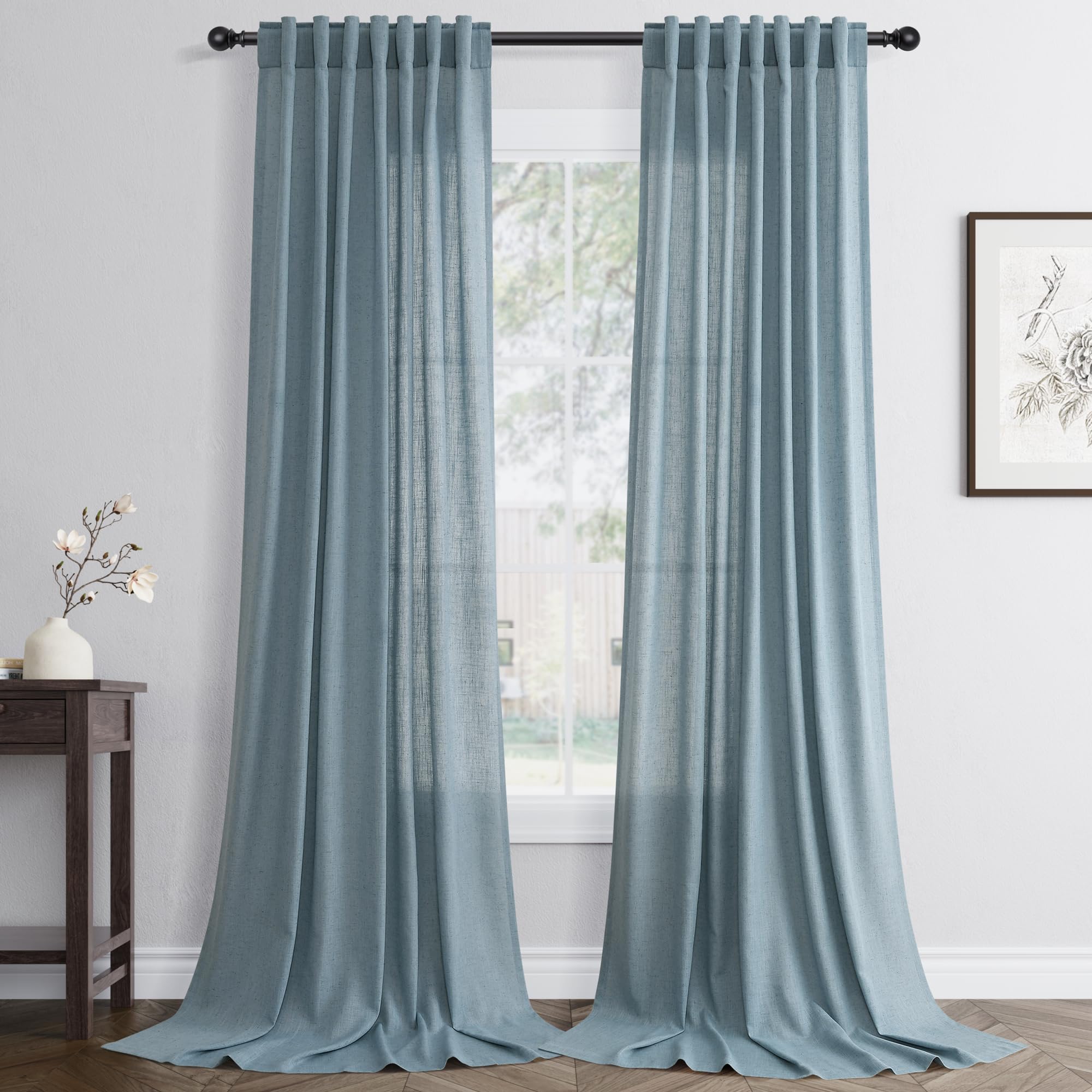 Flax Linen Beige Curtains 96 inches Long 2 Panel for Living Room Back Tab Pocket Drapes Semi Sheer Privacy Khaki Window Curtain Country Rustic Farmhouse Cloth Curtain for Dinning Room Tan