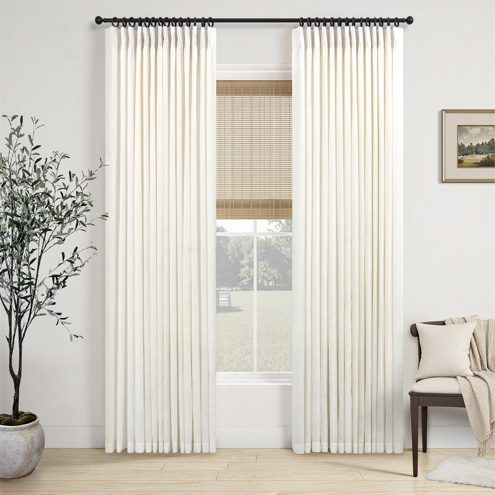 Natural Pinch Pleated Linen Cream Curtains 84 Inch Length 2 Panels for Living Room Bedroom Ivory Semi Sheer Light Filtering Modern Farmhouse Boho Neutral Rustic Long Drapes Back Tab Pleat Hooks Rings