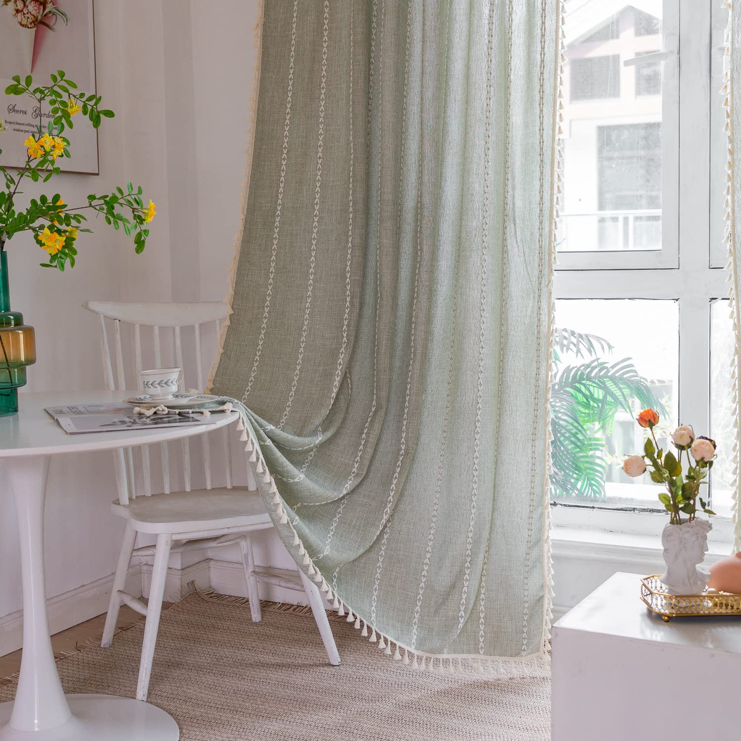 Boho Curtains Semi-Blackout 84 Inch 2 Panels for Living Room, Linen Tassels Farmhouse Curtains with Embroidery for Bedroom Rod Pocket Draperies 52" W x 84" L, Off White