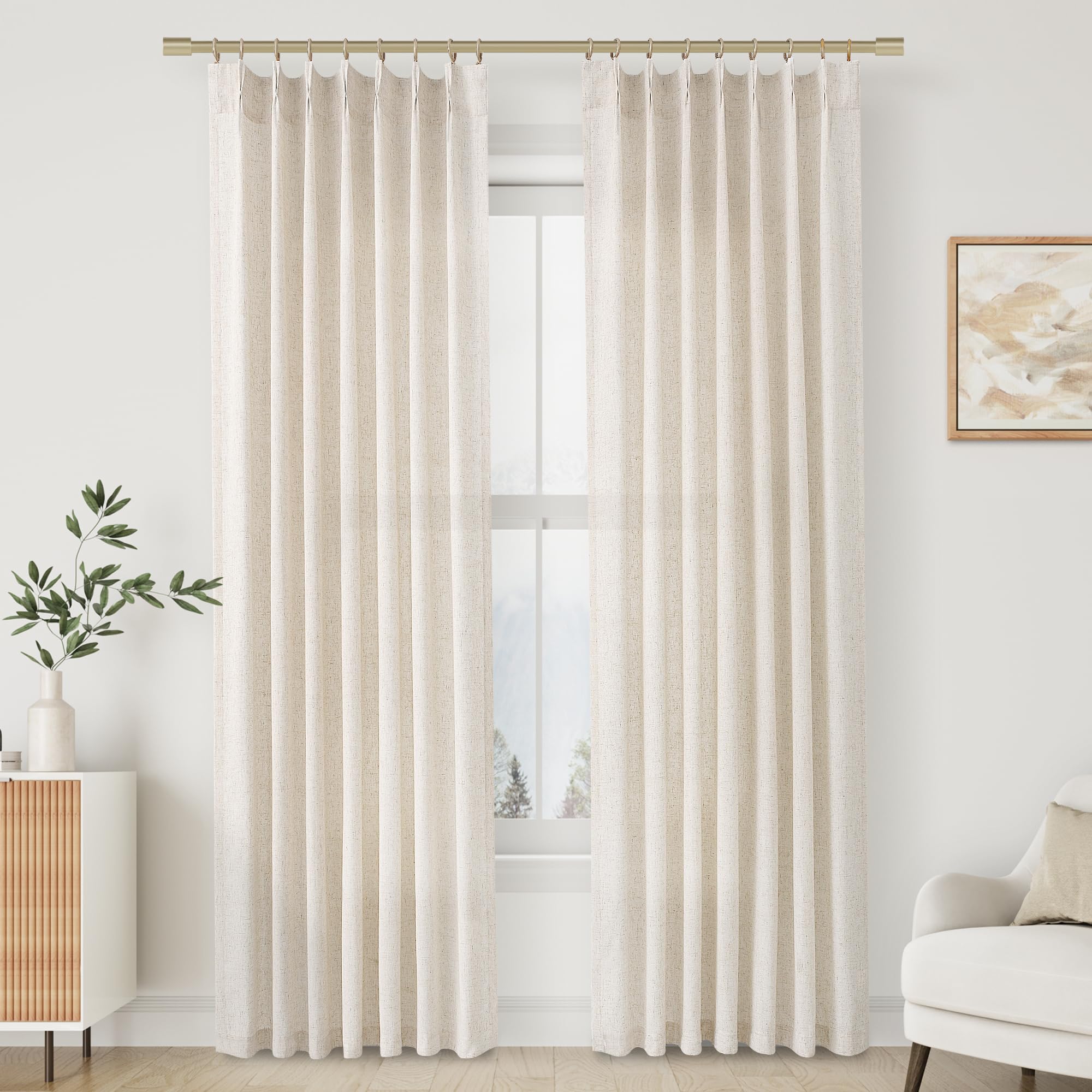 Extra Long Linen Curtains 108 Inch for Living Room Cream Pinch Pleated 9 FT Drapes Semi Sheer Ceiling to Floor Curtain for Bedroom Back Tab Flax Neutral Boho Decor Window, Natural Beige Ivory 2 Panels