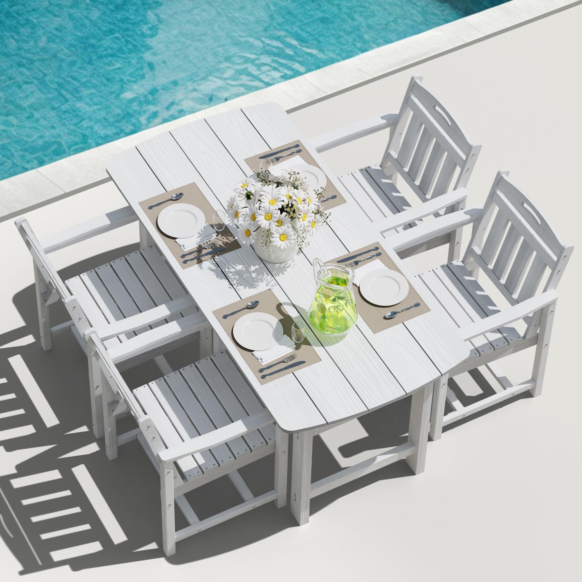 HDPE Outdoor Dining Set, Patio Table and Chairs Set, All-Weather 7-Piece Outside Table and 6 Chairs, 2" Umbrella Hole, Outdoor Furniture for Garden, Poolside, Backyard, Deck | Black