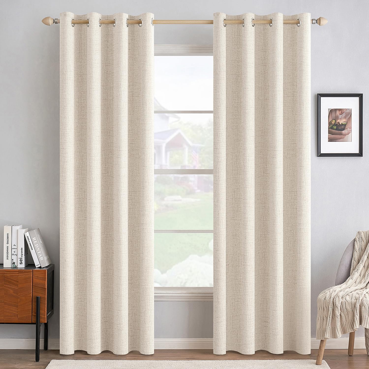 MIULEE 100% Blackout Linen Textured Curtains for Bedroom Solid Thermal Insulated Natural Beige Grommet Room Darkening Curtains & Drapes Luxury Decor for Living Room Nursery 52 x 96 Inch (2 Panels)