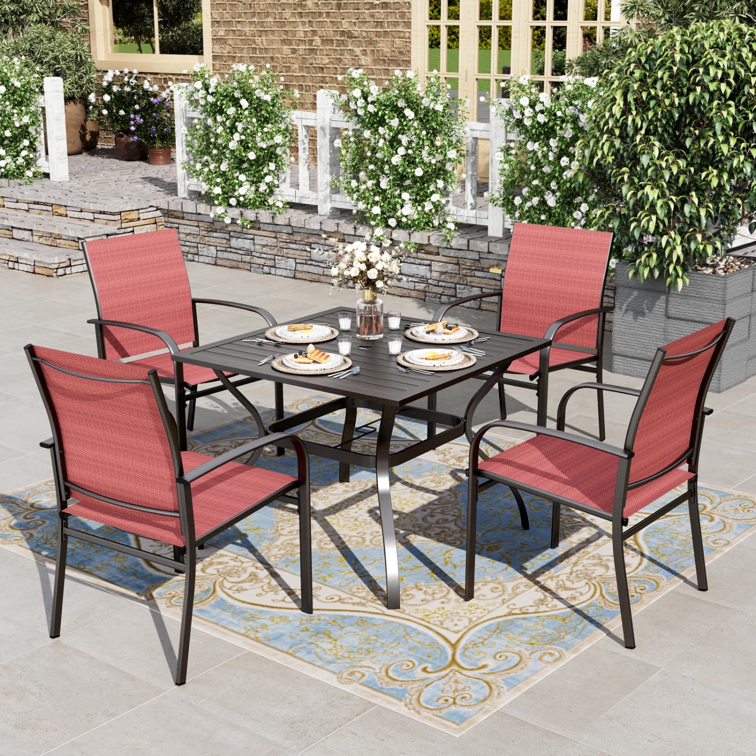 HERA'S HOUSE Patio Table and Chairs for 6, 7 Pieces Outdoor Deck Dining Sets, Wood-Like Rectangular Metal Table Set with Chairs for Lawn Garden Backyard, Brown