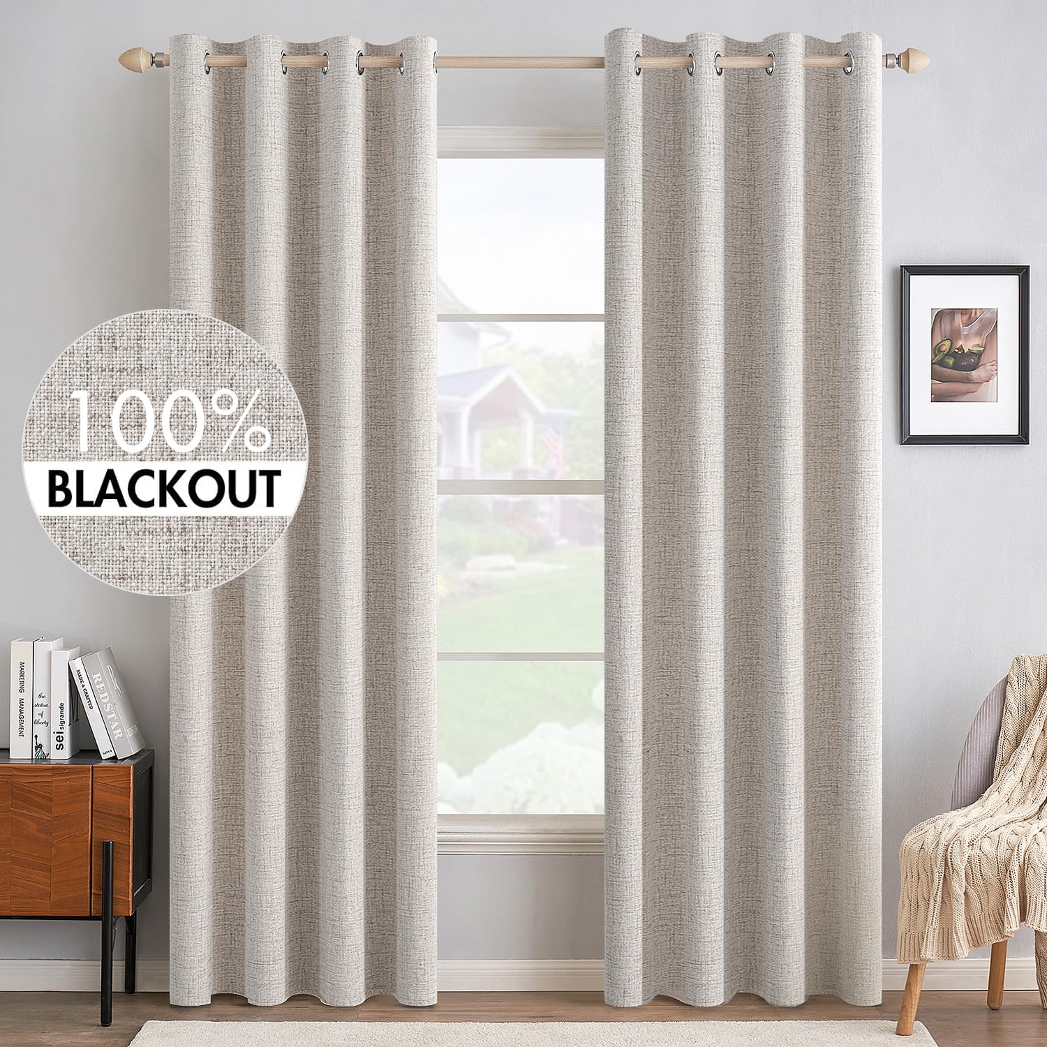MIULEE 100% Blackout Linen Textured Curtains for Bedroom Solid Thermal Insulated Natural Beige Grommet Room Darkening Curtains & Drapes Luxury Decor for Living Room Nursery 52 x 96 Inch (2 Panels)