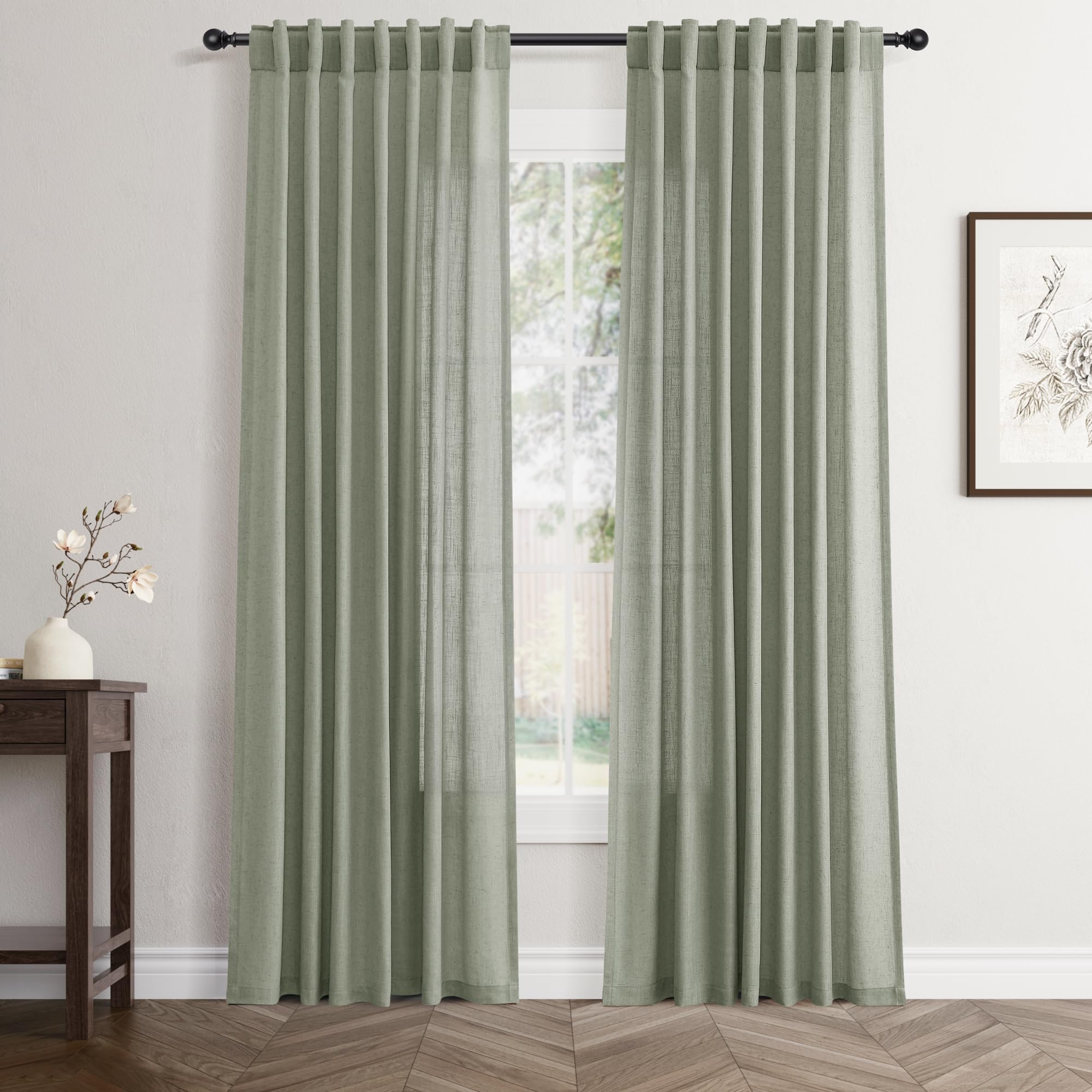 Flax Linen Beige Curtains 96 inches Long 2 Panel for Living Room Back Tab Pocket Drapes Semi Sheer Privacy Khaki Window Curtain Country Rustic Farmhouse Cloth Curtain for Dinning Room Tan