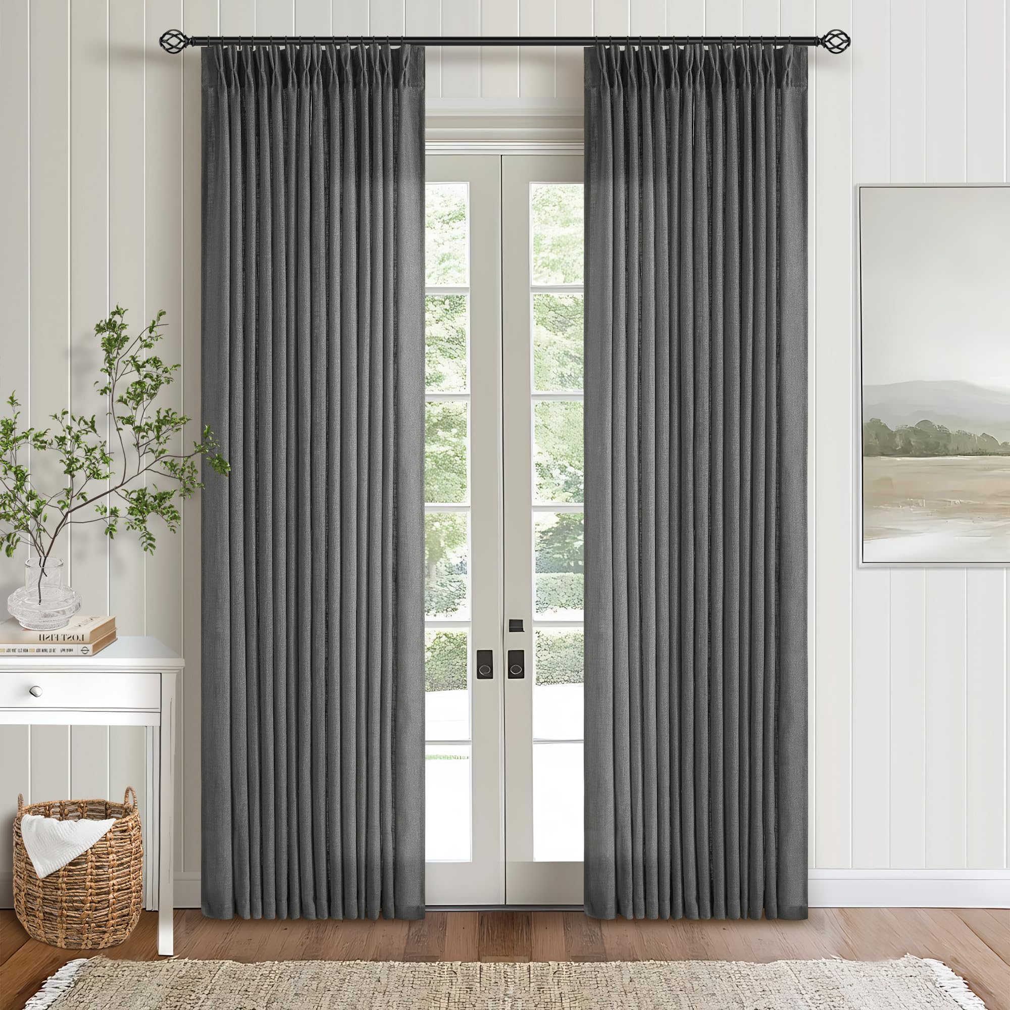 Pinch Pleated Linen Curtains 108 Inches Long for Living Room 2 Panels Set Cream Ivory Flax Double Pleated Drapes Back Tab Neutral Boho Ceiling Floor 108 Inch Window Curtains Bedroom Natural Birch