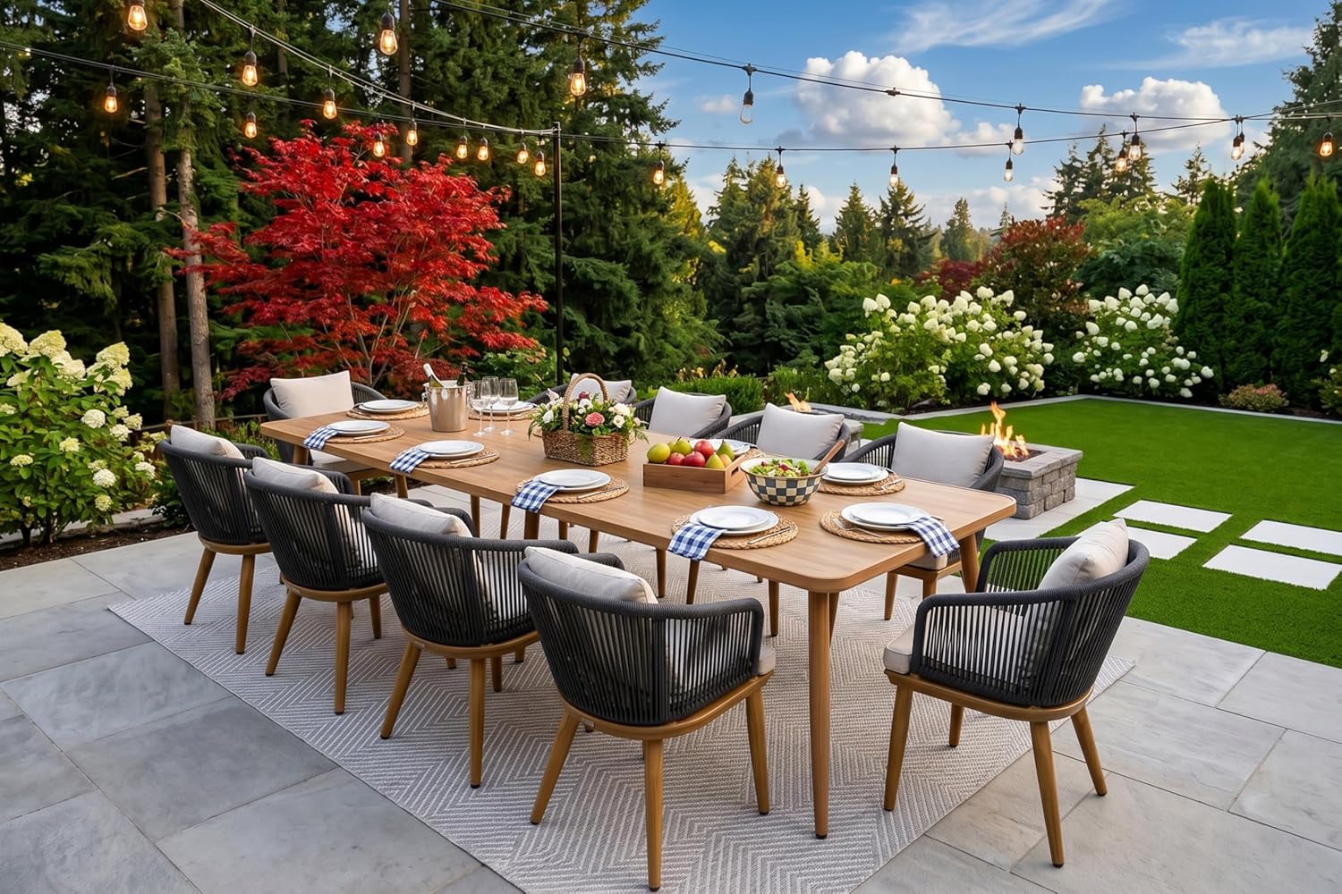 PURPLE LEAF 9 Pieces Patio Dining Set Wicker Outdoor Furniture Rectangular Table and Chairs Set for Garden Deck Teak-Finish Aluminum Frame Backyard Kitchen Set, Cushions and Pillows Included