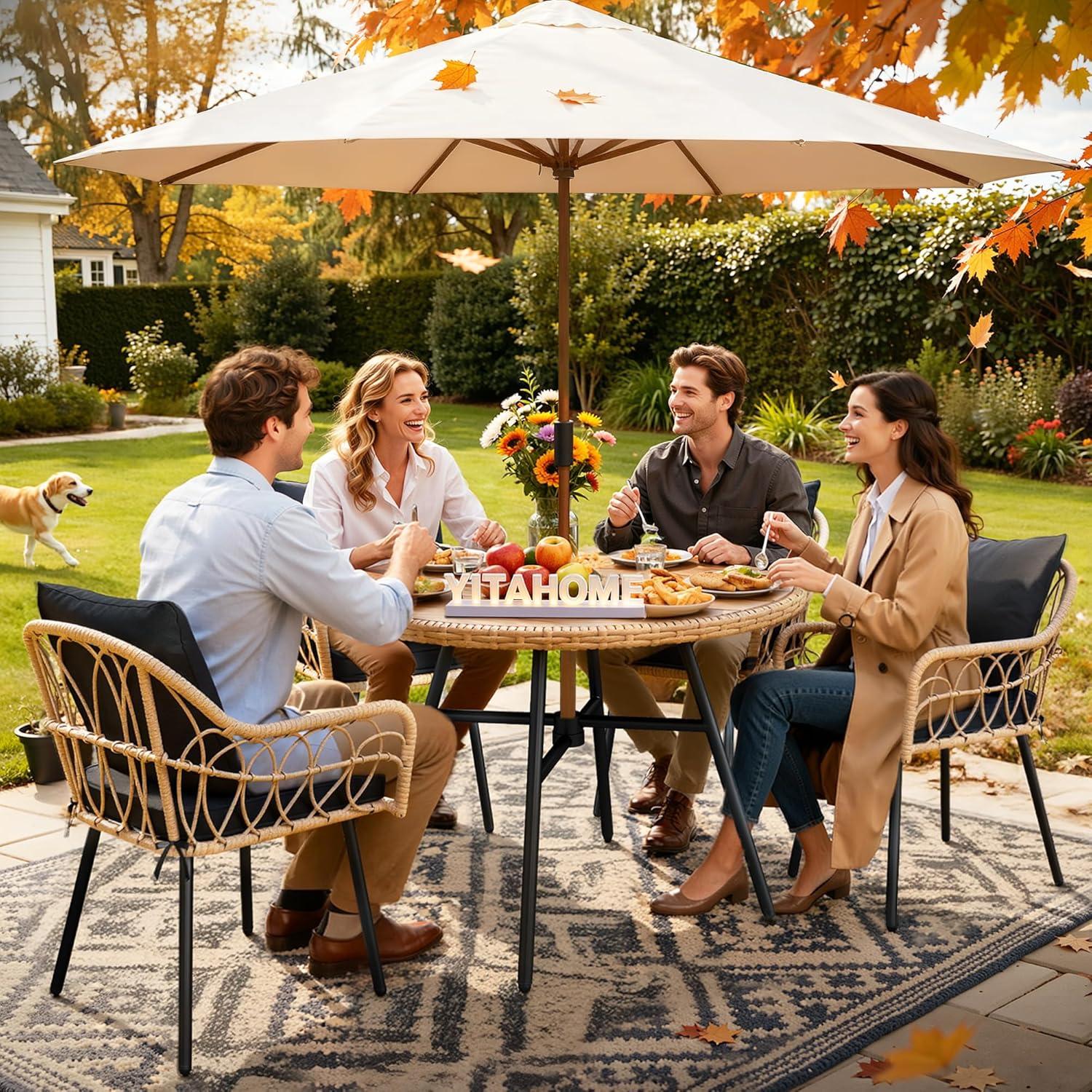 YITAHOME Patio Dining Set with Umbrella Hole for 4, All-Weather Rattan Outdoor Dining Set 5pcs, Patio Dining Furniture Sets with 4 Ergonomic Armchairs, Outdoor Table and Chairs Set for Patio Backyard