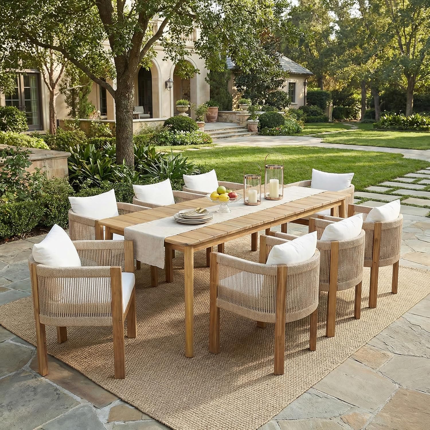 Christopher Knight Home Matera 9-Piece Acacia Wood Outdoor Dining Set for 8, Light Teak Frame with Beige Removable Cushions