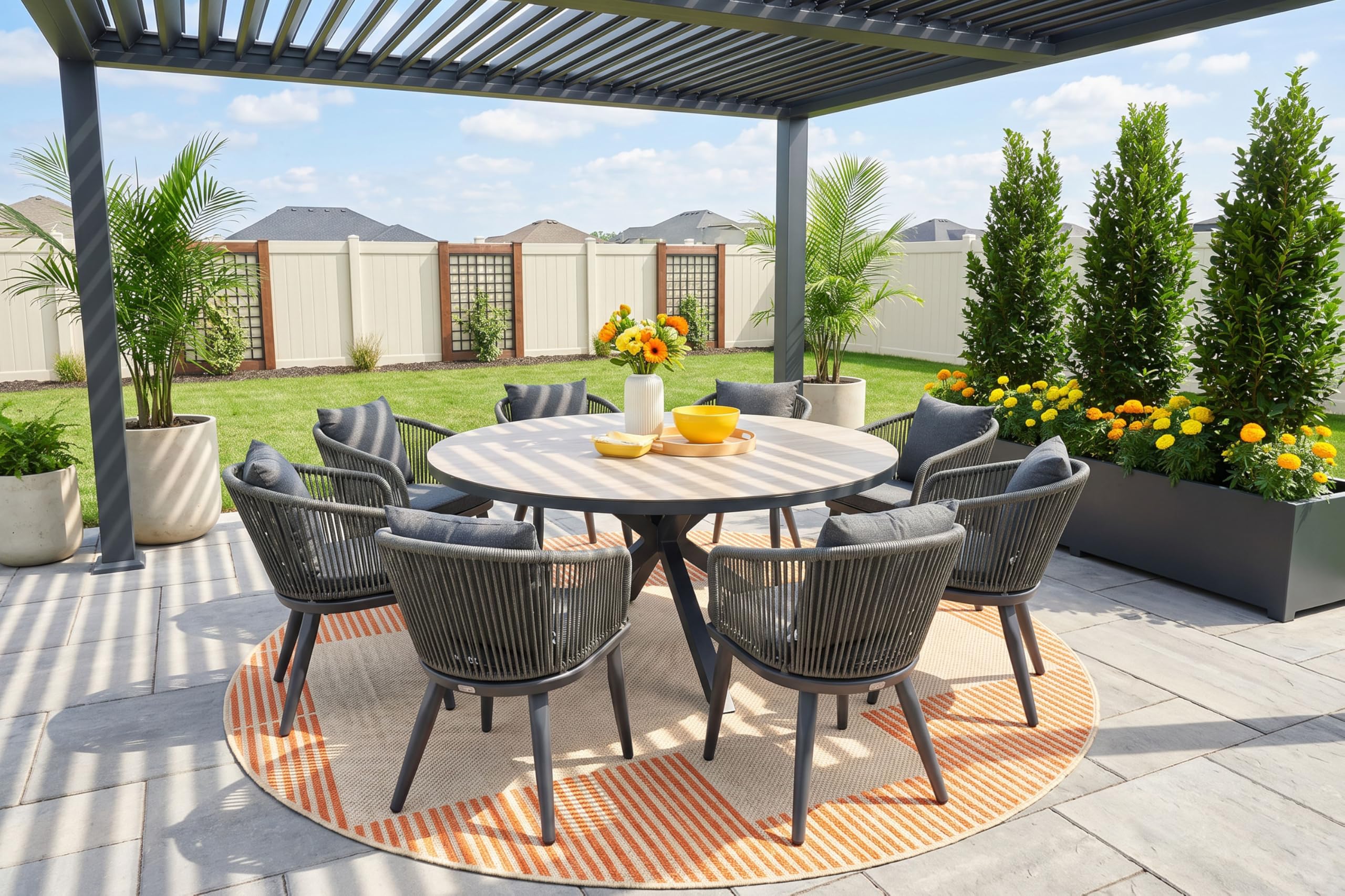 PURPLE LEAF 9 Pieces Patio Dining Set Wicker Outdoor Furniture Rectangular Table and Chairs Set for Garden Deck Teak-Finish Aluminum Frame Backyard Kitchen Set, Cushions and Pillows Included