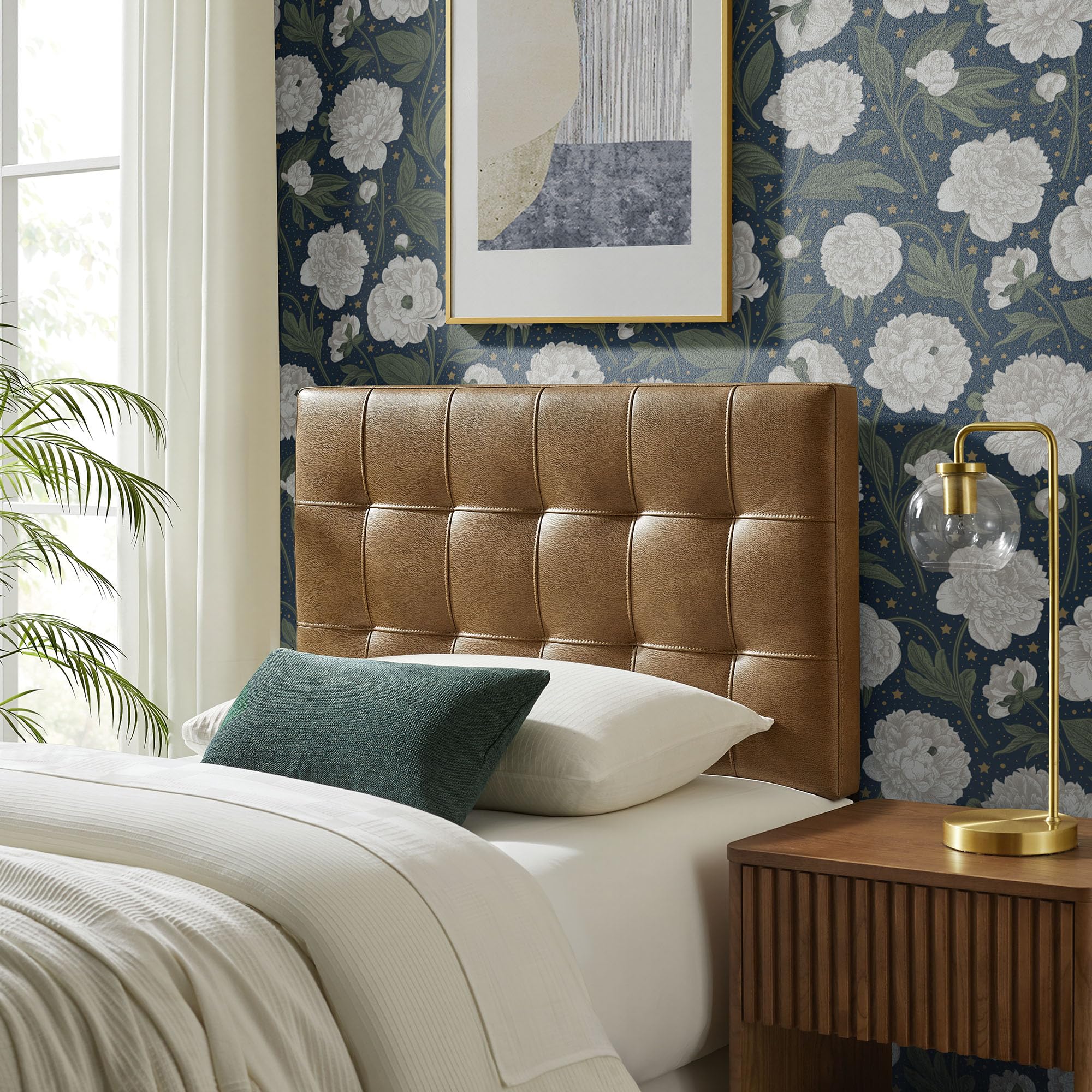 Modway Lily Performance Velvet Full Size Headboard with Biscuit Tufting in Alabaster - Stain-Resistant Upholstery with Padded Design and 5 Height-Adjustable Mounts