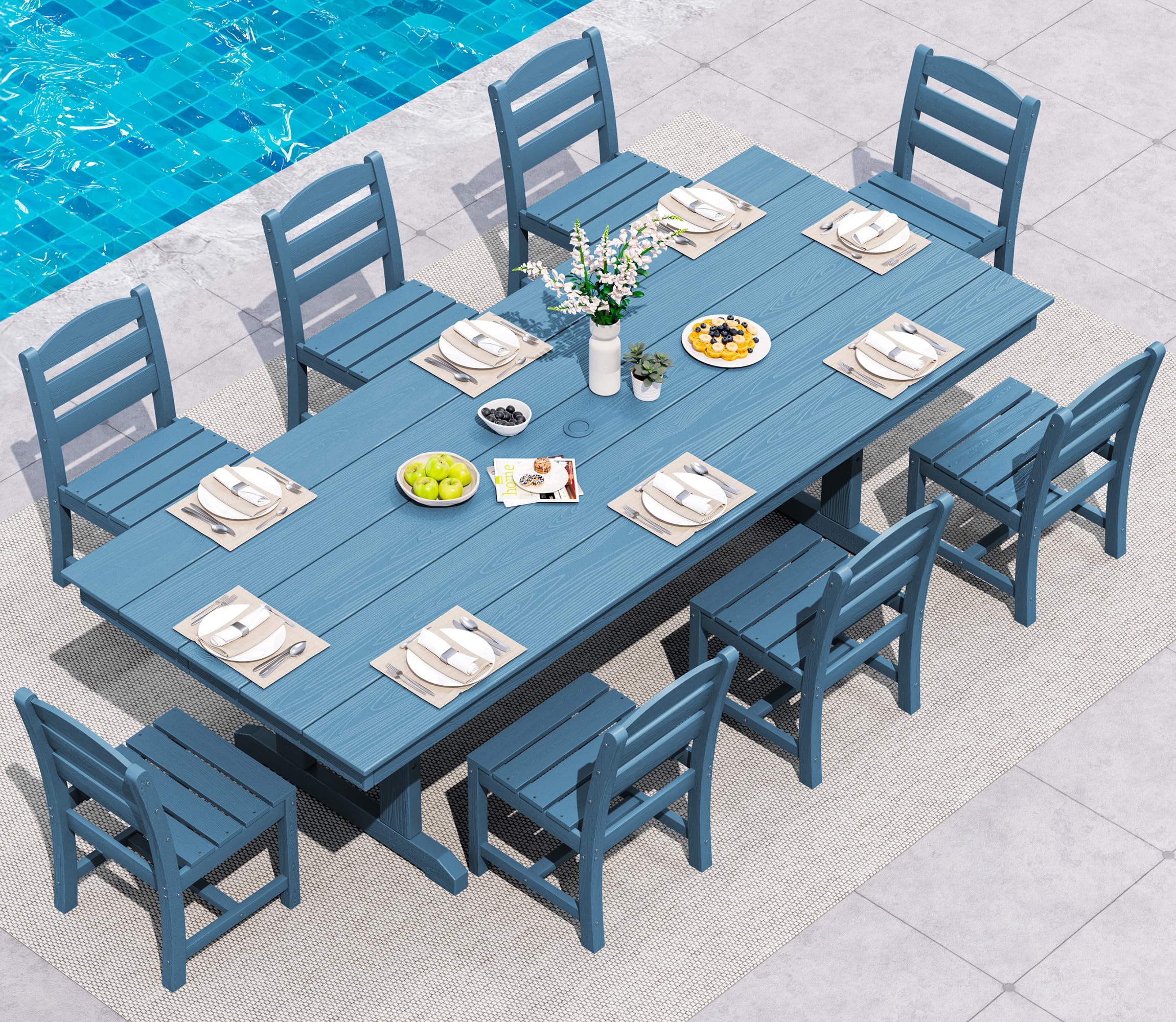SERWALL 9 Piece Outdoor Dining Set, 84" HDPE Large Patio Dining Furniture Set for 8, with Pre-drilled Umbrella Hole, Outdoor Tables and Chairs Set for Garden, Brown