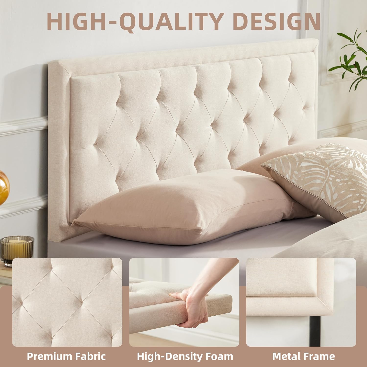 Howjoe Upholstered Queen Headboard Only, Tufted Headboard Queen Size, Solid Wood Height Adjustable Modern Head Boards with Durable Metal Legs from 37" to 51", Linen Dorm Bed Headboards Only, Beige