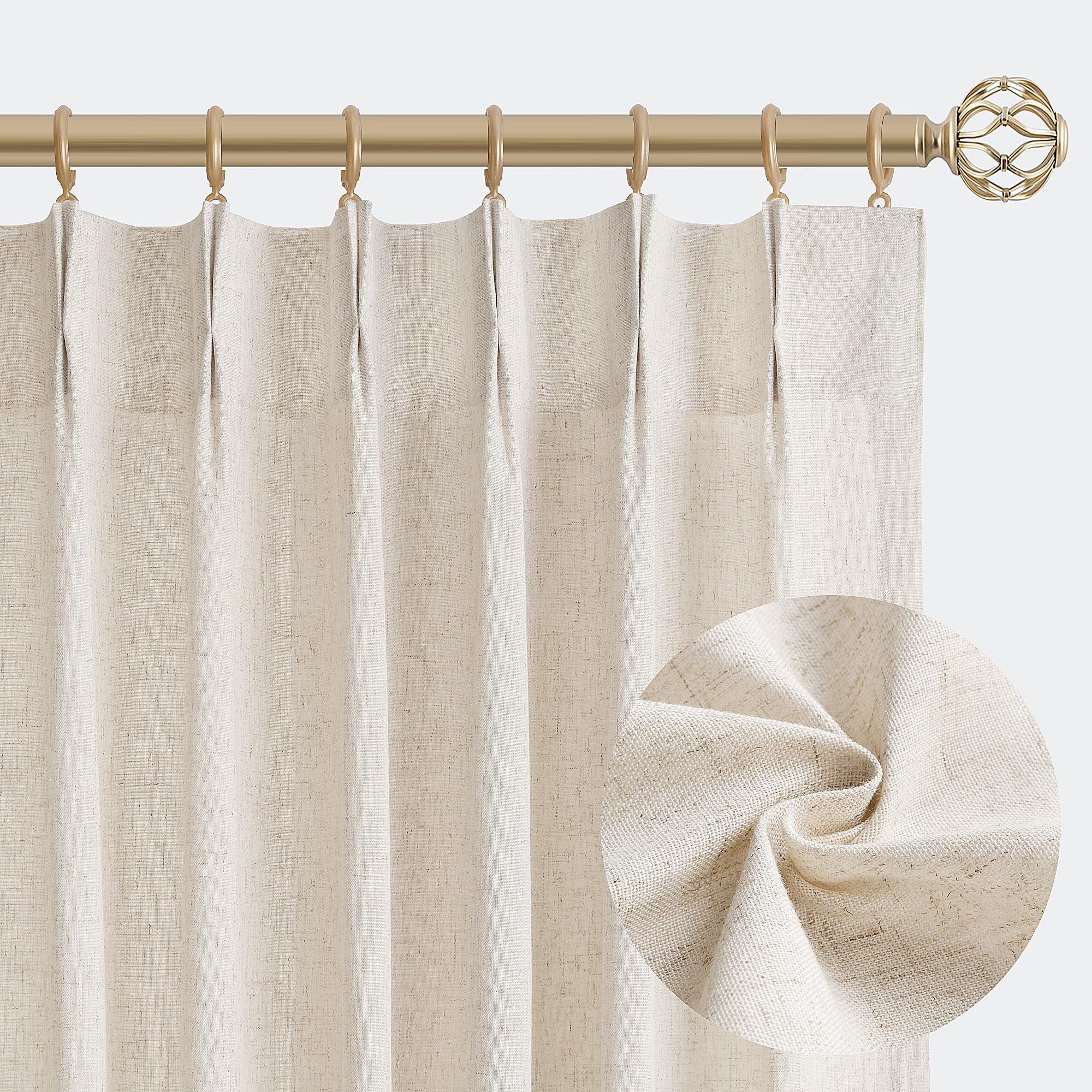 Extra Long Linen Curtains 108 Inch for Living Room Cream Pinch Pleated 9 FT Drapes Semi Sheer Ceiling to Floor Curtain for Bedroom Back Tab Flax Neutral Boho Decor Window, Natural Beige Ivory 2 Panels