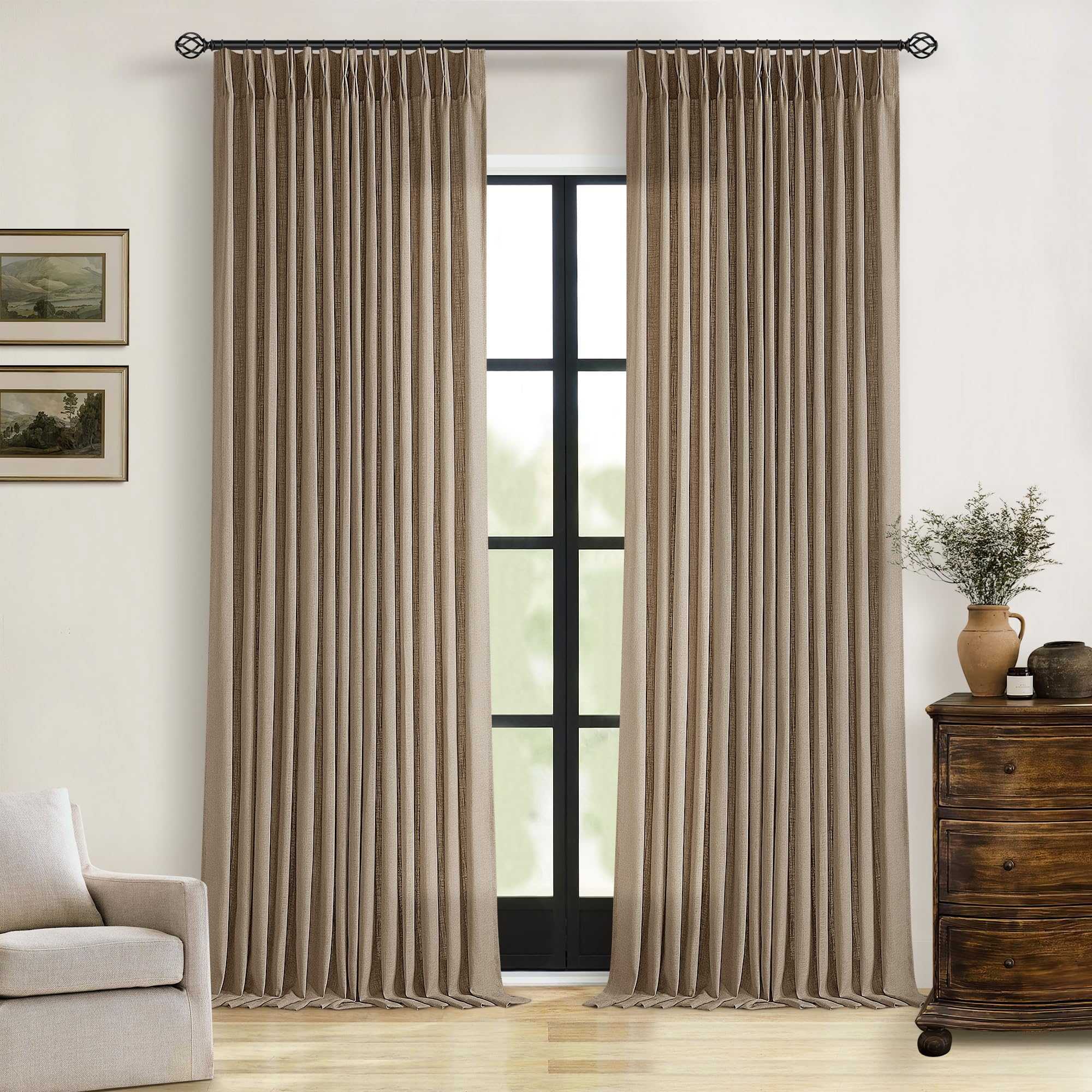 Pinch Pleated Linen Curtains 108 Inches Long for Living Room 2 Panels Set Cream Ivory Flax Double Pleated Drapes Back Tab Neutral Boho Ceiling Floor 108 Inch Window Curtains Bedroom Natural Birch