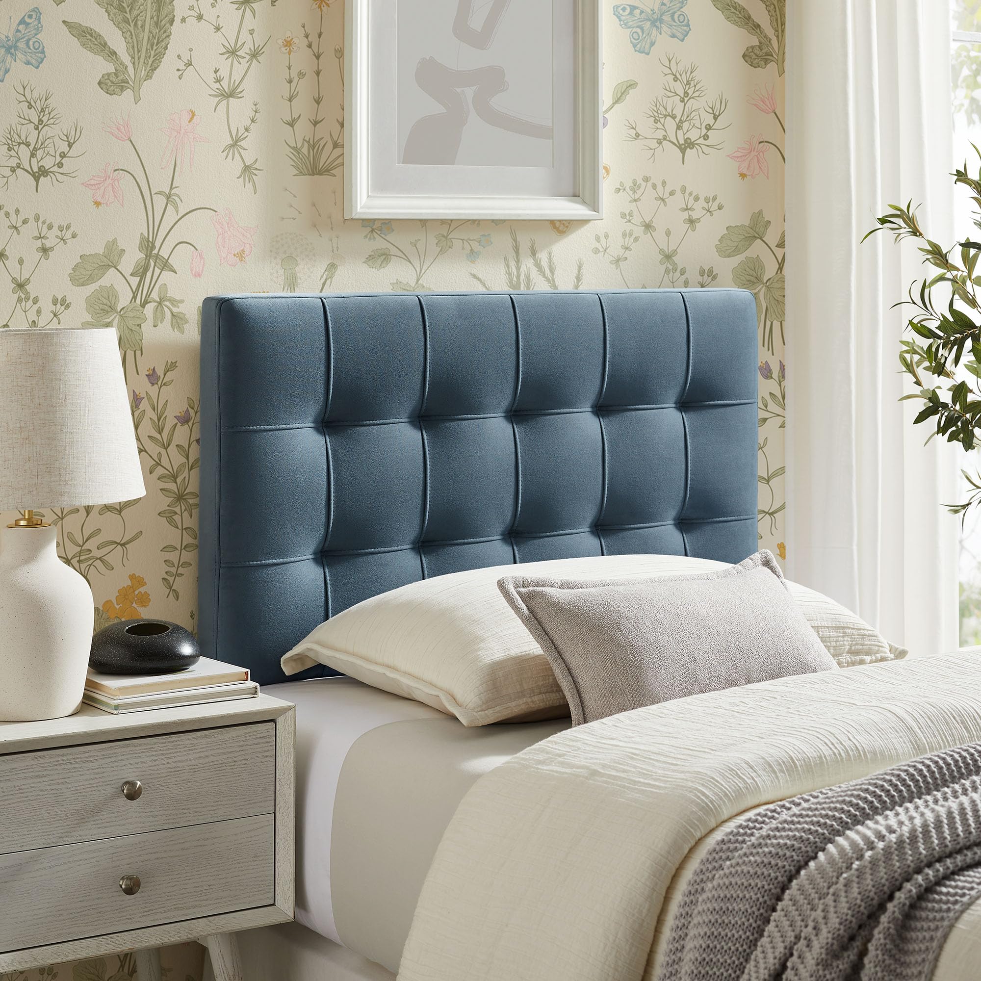 Modway Lily Performance Velvet Full Size Headboard with Biscuit Tufting in Alabaster - Stain-Resistant Upholstery with Padded Design and 5 Height-Adjustable Mounts