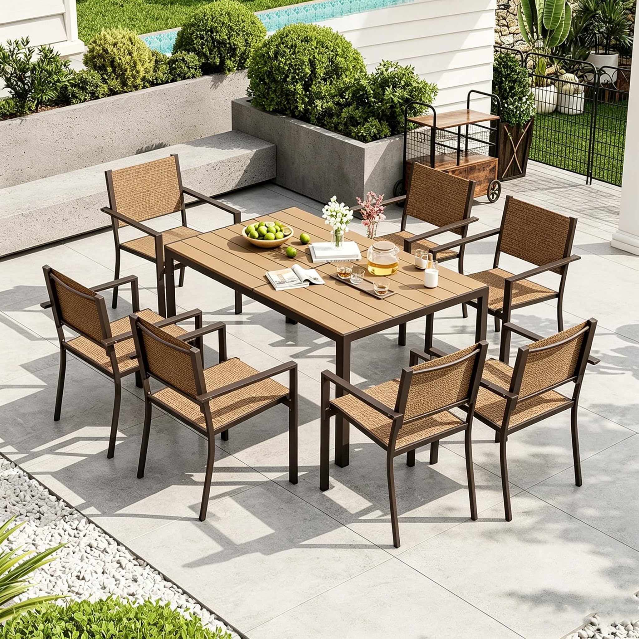 Aoxun 7-Piece Patio Table and Chairs Set for 6, All Weather Outdoor Dining Set with 6 Textilene Chairs and 1 Rectangular Metal Table, Patio Dining Sets for Backyard, Garden and Poolside, Brown
