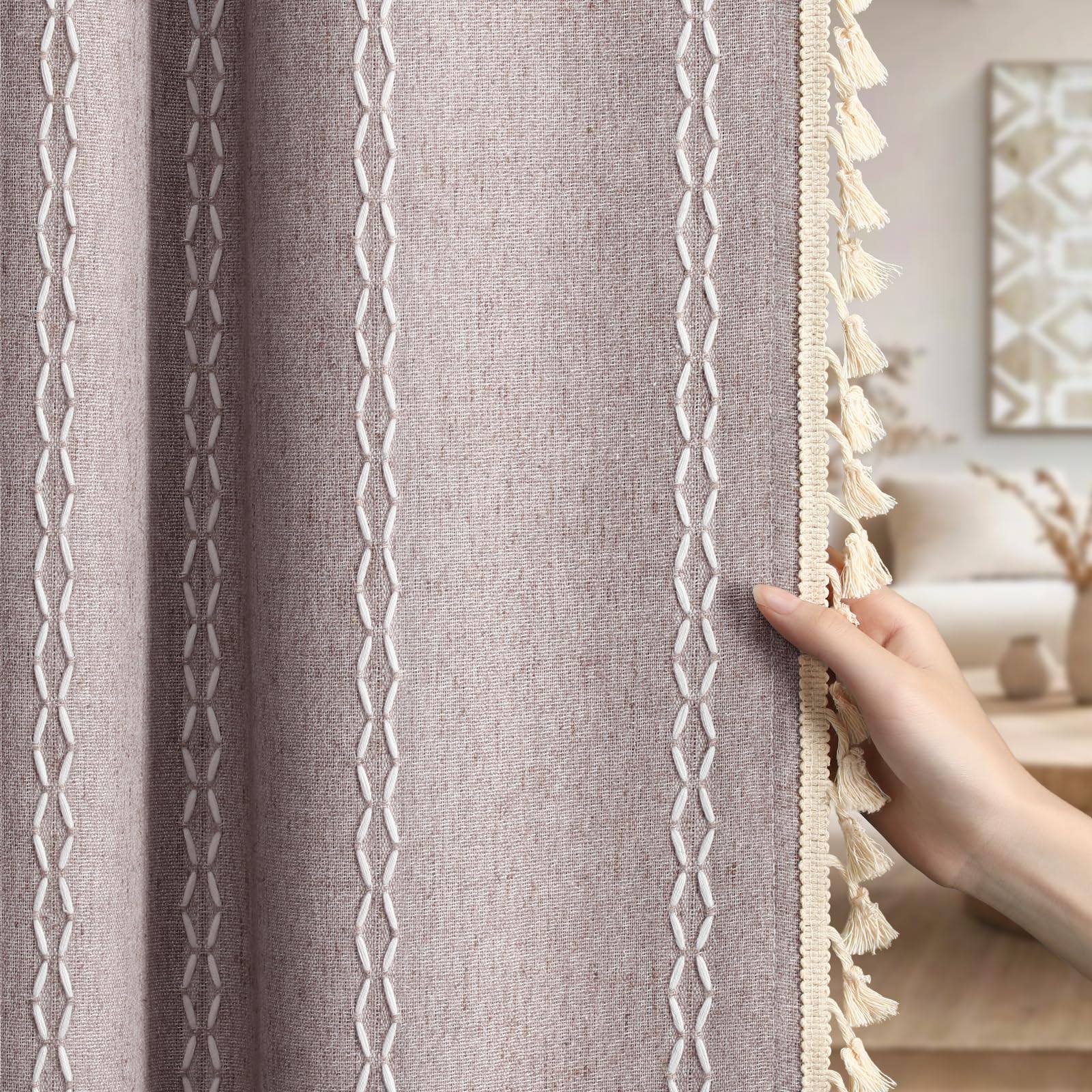 Boho Blackout Curtains 2 Panels 84 Inch for Living Room Bedroom, Beige Linen Texture Farmhouse Curtains with Tassels and Cotton Embroidery Vintage Rustic Western Rod Pocket