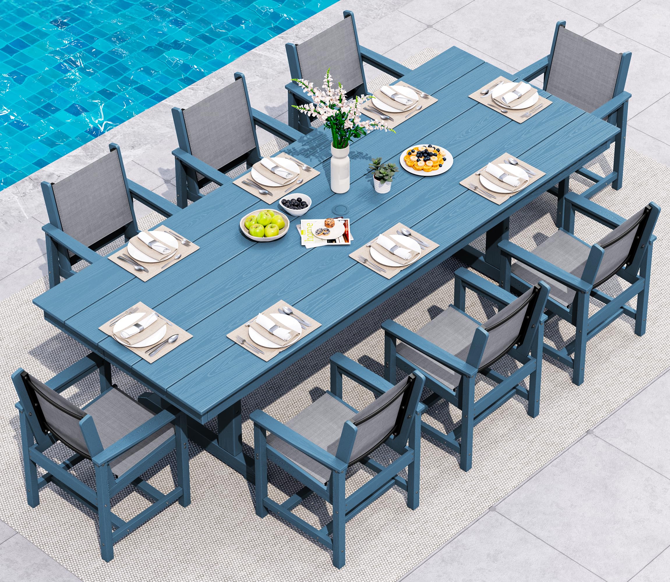 SERWALL 9 Piece Outdoor Dining Set, 84" HDPE Large Patio Dining Furniture Set for 8, with Pre-drilled Umbrella Hole, Outdoor Tables and Chairs Set for Garden, Brown