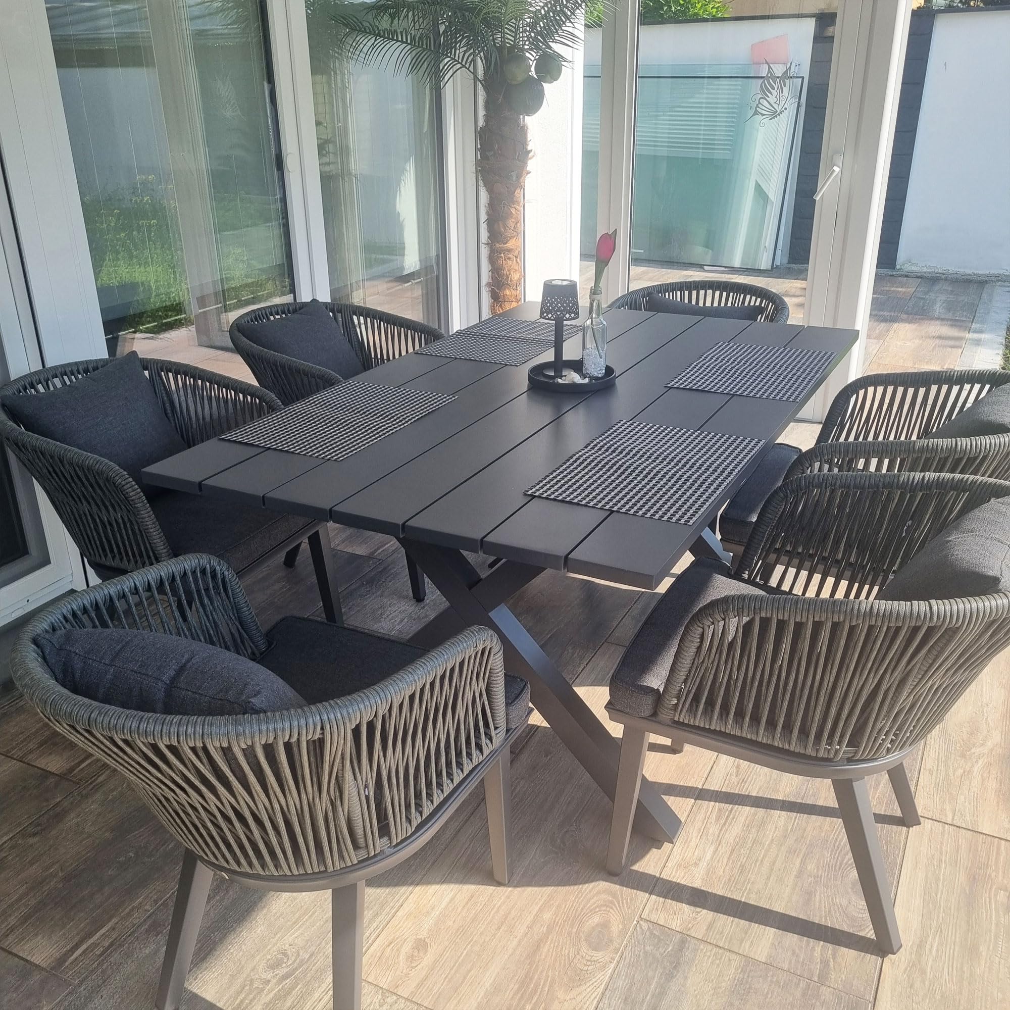 PURPLE LEAF 9 Pieces Patio Dining Set Wicker Outdoor Furniture Rectangular Table and Chairs Set for Garden Deck Teak-Finish Aluminum Frame Backyard Kitchen Set, Cushions and Pillows Included