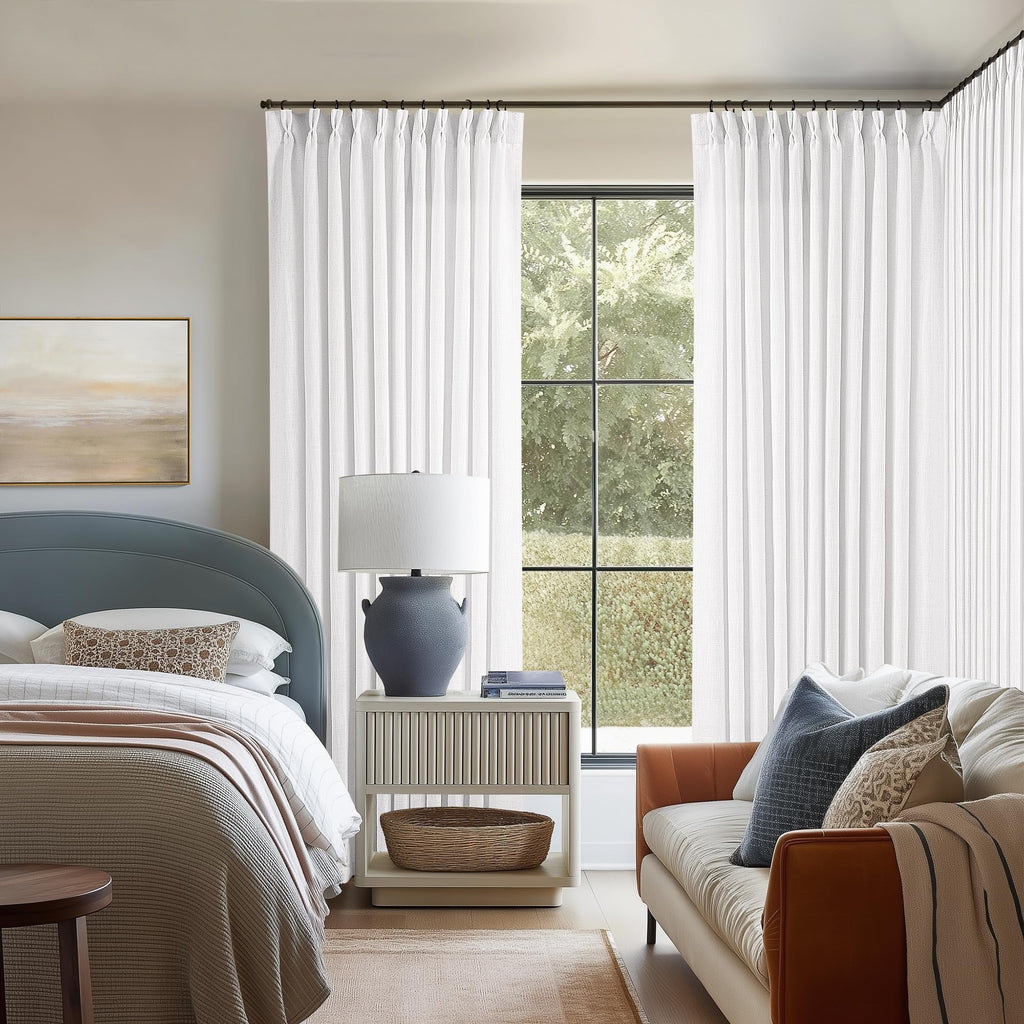 Pinch Pleated Linen Curtains 108 Inches Long for Living Room 2 Panels Set Cream Ivory Flax Double Pleated Drapes Back Tab Neutral Boho Ceiling Floor 108 Inch Window Curtains Bedroom Natural Birch