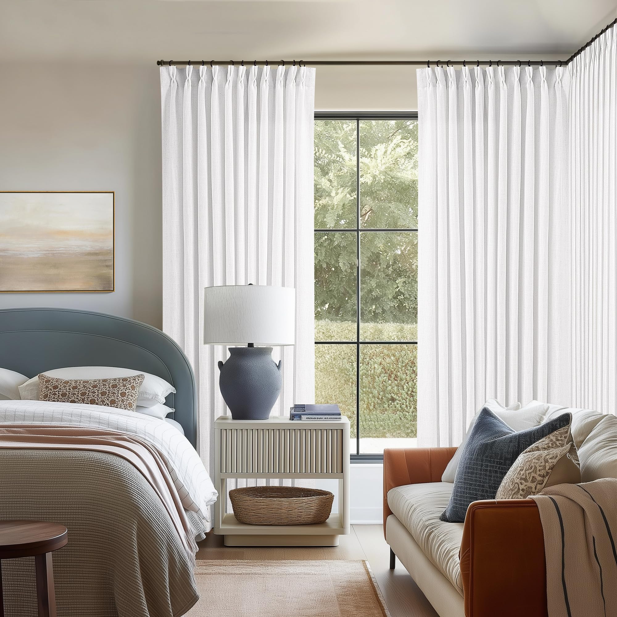 Pinch Pleated Linen Curtains 108 Inches Long for Living Room 2 Panels Set Cream Ivory Flax Double Pleated Drapes Back Tab Neutral Boho Ceiling Floor 108 Inch Window Curtains Bedroom Natural Birch