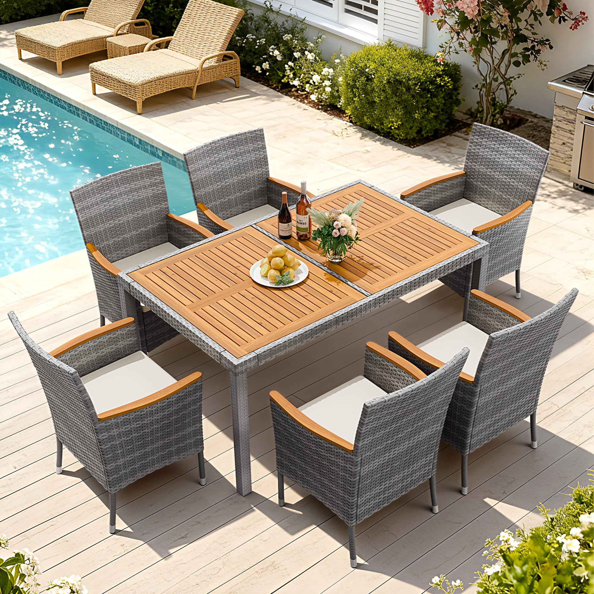 Devoko Dining 7 PCS Furniture, Patio Conversation Set with Acacia Wood Table Top, Outdoor, Beige Cushion and Black Rattan