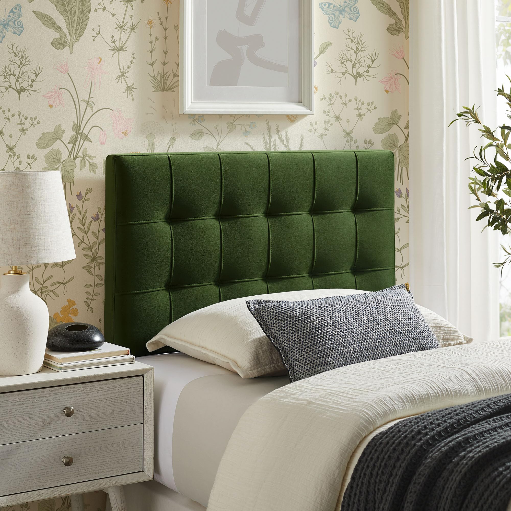 Modway Lily Performance Velvet Full Size Headboard with Biscuit Tufting in Alabaster - Stain-Resistant Upholstery with Padded Design and 5 Height-Adjustable Mounts