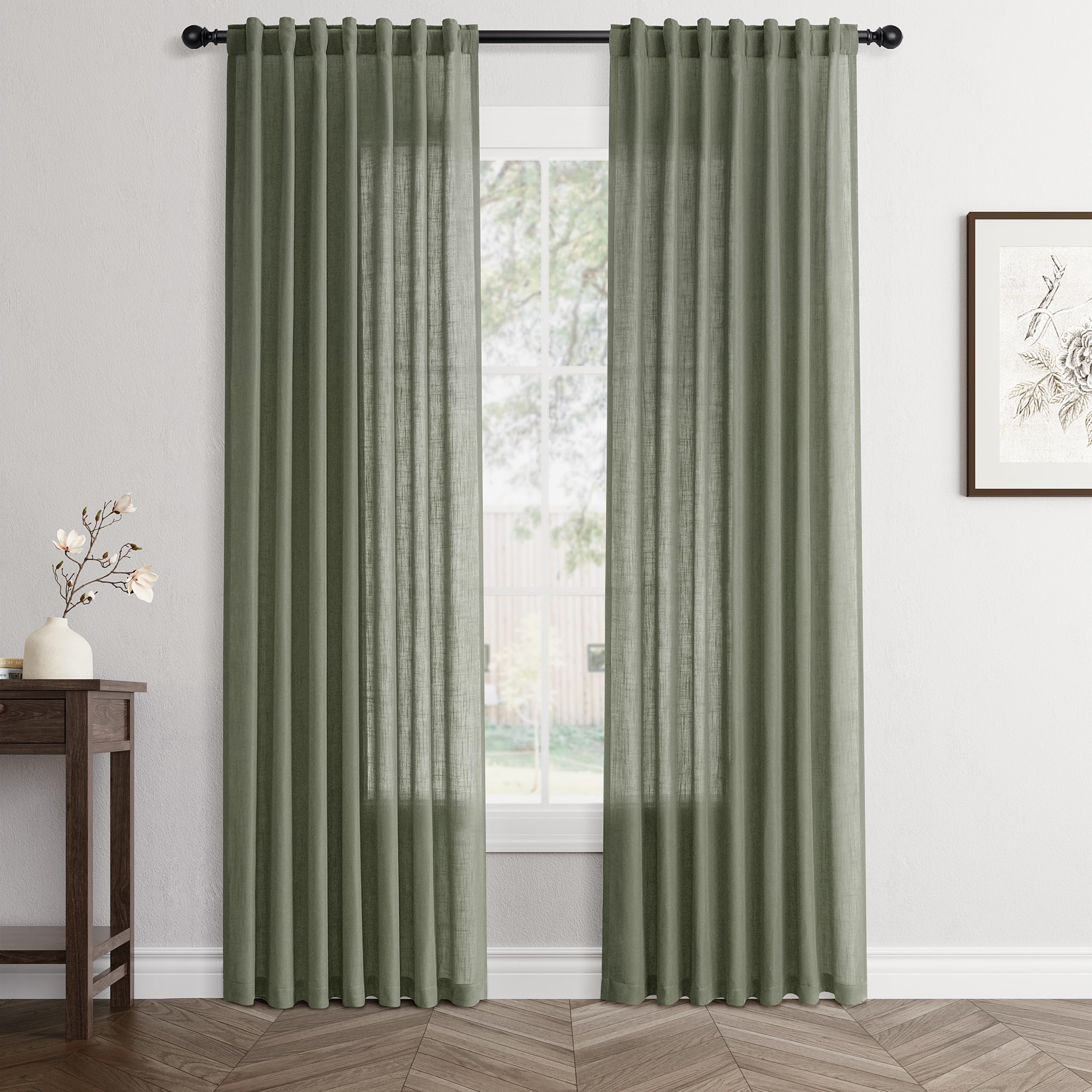 Flax Linen Beige Curtains 96 inches Long 2 Panel for Living Room Back Tab Pocket Drapes Semi Sheer Privacy Khaki Window Curtain Country Rustic Farmhouse Cloth Curtain for Dinning Room Tan